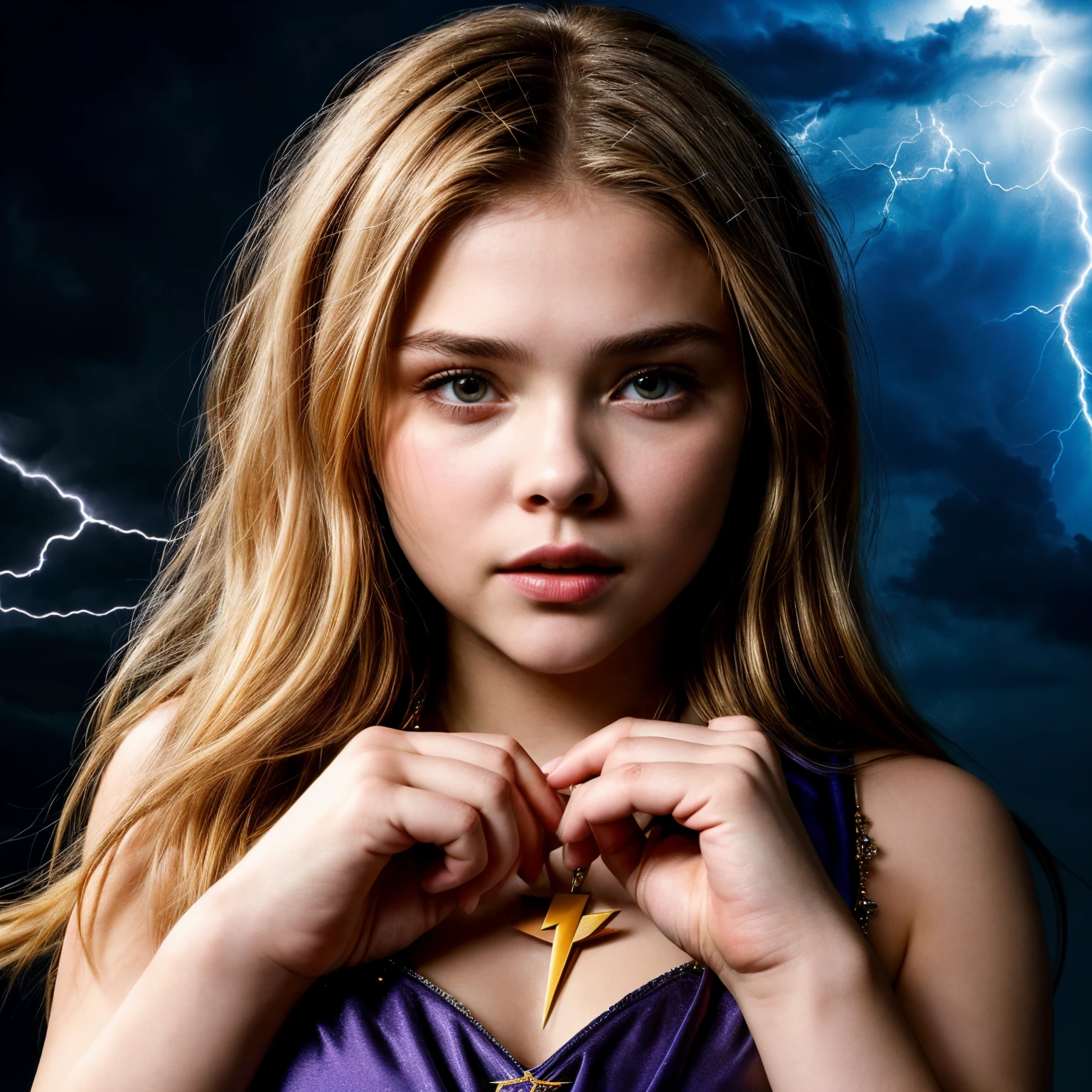 (best quality, 10k, high-resolution, masterpiece:1.2), ultra-high detailed, (photo-realistic:1.37), ((best quality)), ((masterpiece)), (detailed), ((NSFW)), perfect face, ((Chloe Grace Moretz as a cute teenage girl is in a strange jewel-inlaid outfit, she has a tiara with a magic symbol, her eyes are violet, she is in an action pose, electricity dances around her and she hurls lightning bolts from her hands, ((perfect hands)),