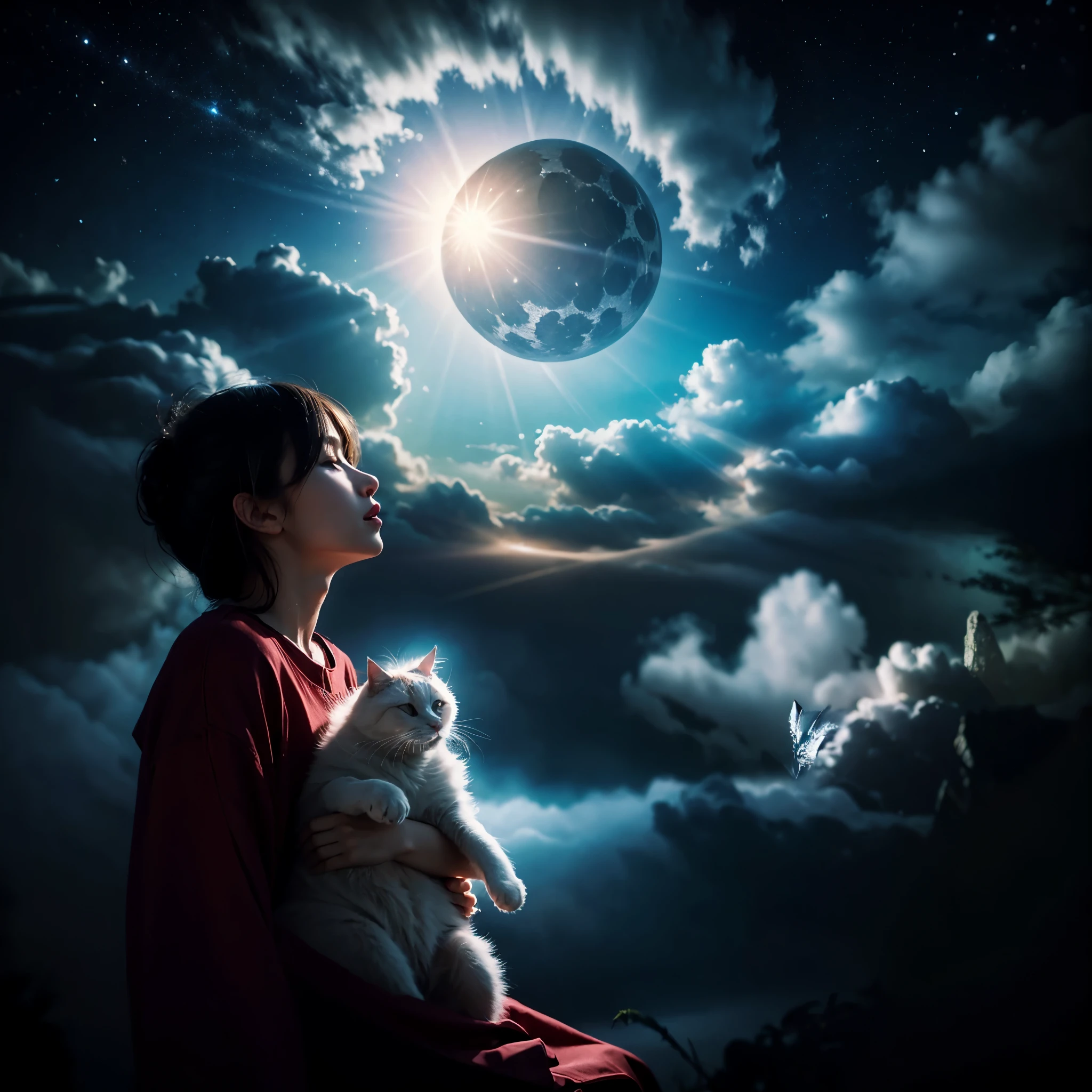 (8k, top quality, masterpiece: 1.2), (realistic, photography: 1.37), super detail, Full moon sky, night sky, Boy looking up at the sky, hold a cat, Intricate details, Soft lighting, Vibrant colors, Peaceful atmosphere, Tranquil Mood, serene environment, The harmony between nature and human existence, cinematic grading, Incomplete details, Shot with Leica, analogue, 35 mm:: (Artistic light leakage:1.4), Lens Flare::4 - Style Raw