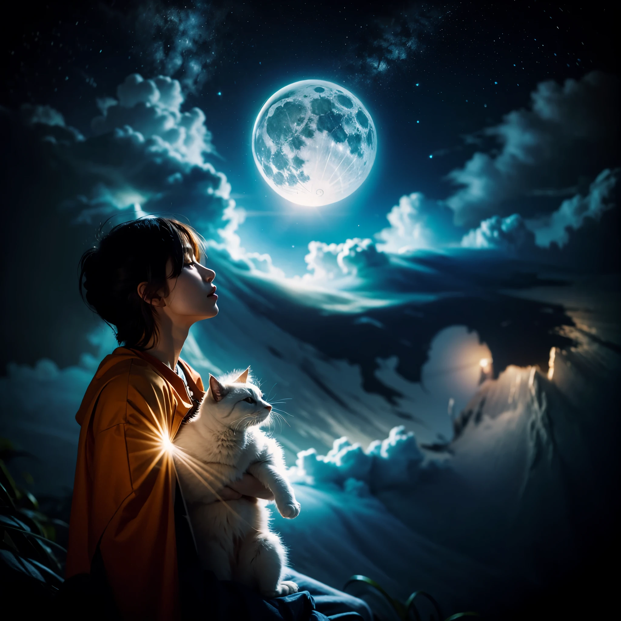 (8k, top quality, masterpiece: 1.2), (realistic, photography: 1.37), super detail, Full moon sky, night sky, Boy looking up at the sky, hold a cat, Intricate details, Soft lighting, Vibrant colors, Peaceful atmosphere, Tranquil Mood, serene environment, The harmony between nature and human existence, cinematic grading, Incomplete details, Shot with Leica, analogue, 35 mm:: (Artistic light leakage:1.4), Lens Flare::4 - Style Raw