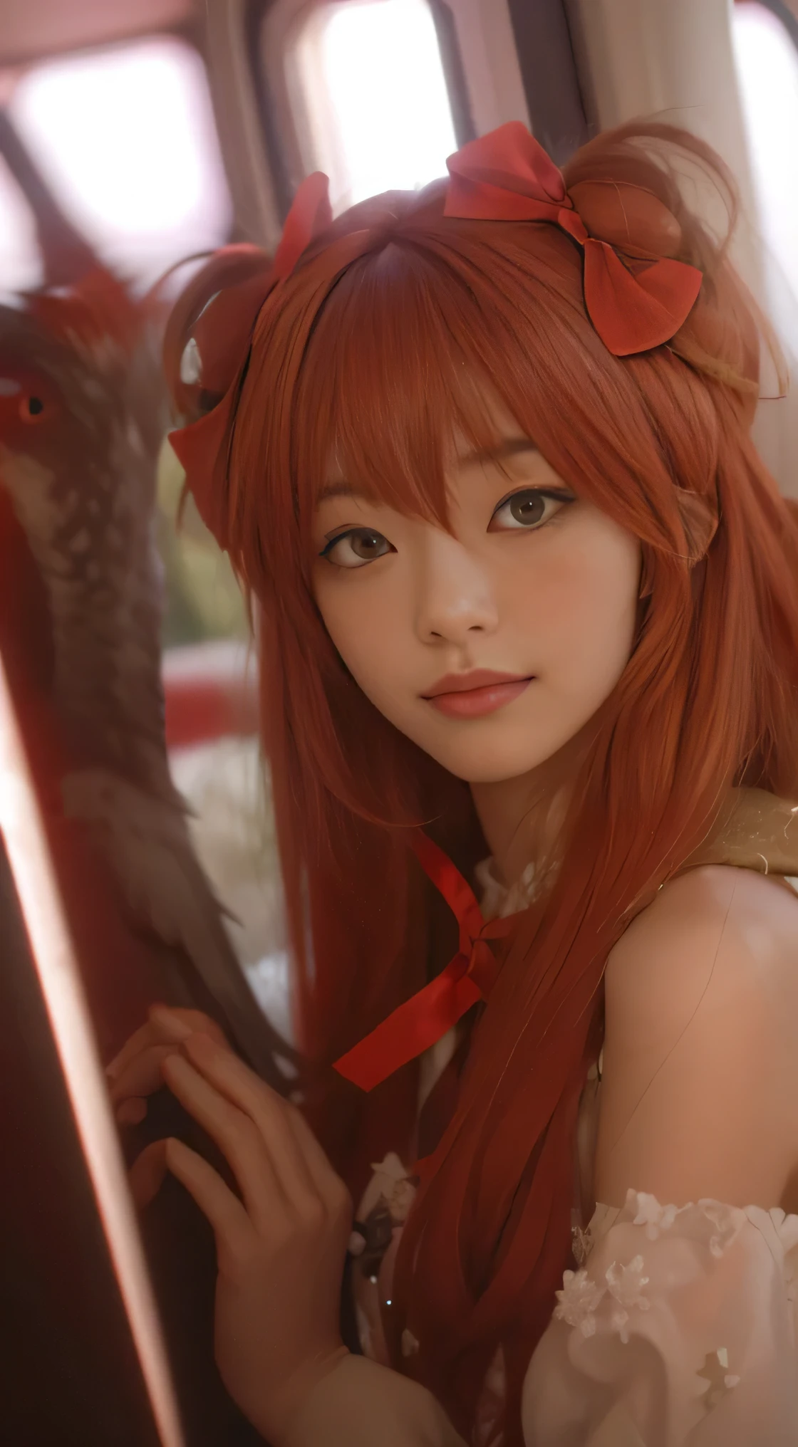 There was a woman with red hair,Wearing a bow on the head, portrait of flying birds langley soryu, flying birds langley soryu, flying birds langley, flying birds langley sohryu, flying birds langley souryuu, beautiful flying birds from evangelion, flying birds, ayaka cosplay, Holo is a wolf girl, flying birds from evangelion
