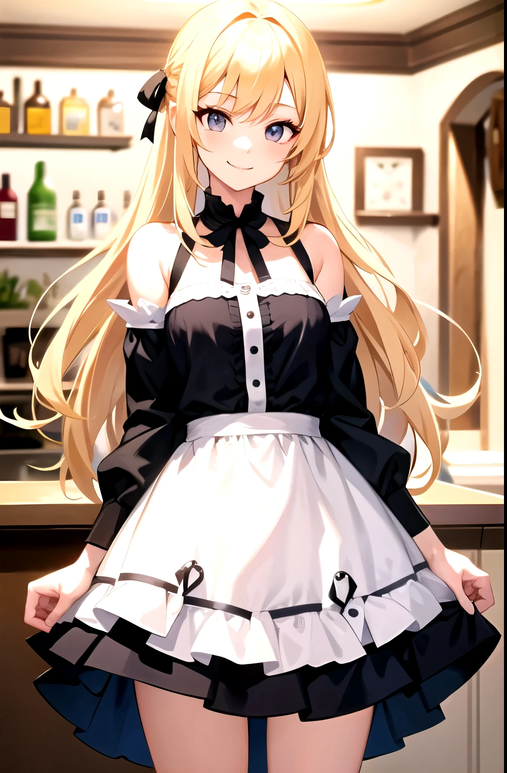 smile,  Cafe , blonde , long hair , looking at the viewer, cowboy shot,  Are standing,  1 girl, upright , No pose