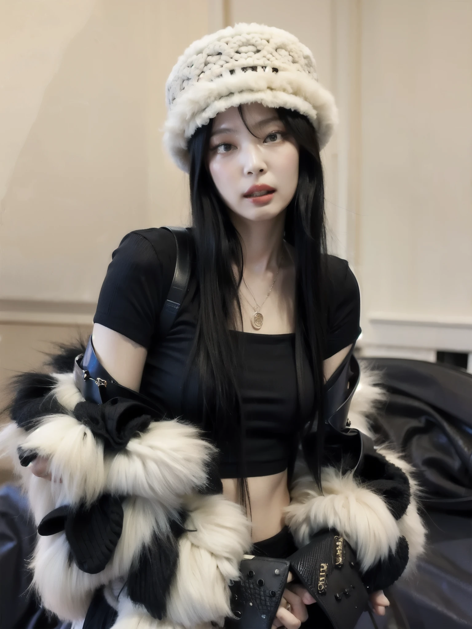 Araffe woman with long black hair wearing a white hat and black gloves, cruel korean goth girl, goth girl aesthetic, franja brancacabelo preto, Ulzzang, com cabelos longos brancos, 1 7 Year Old Goth Anime Girl, with fluffy white fur, cabelo preto e franja branca, 1 7 year old goth girl, pele preta e branca