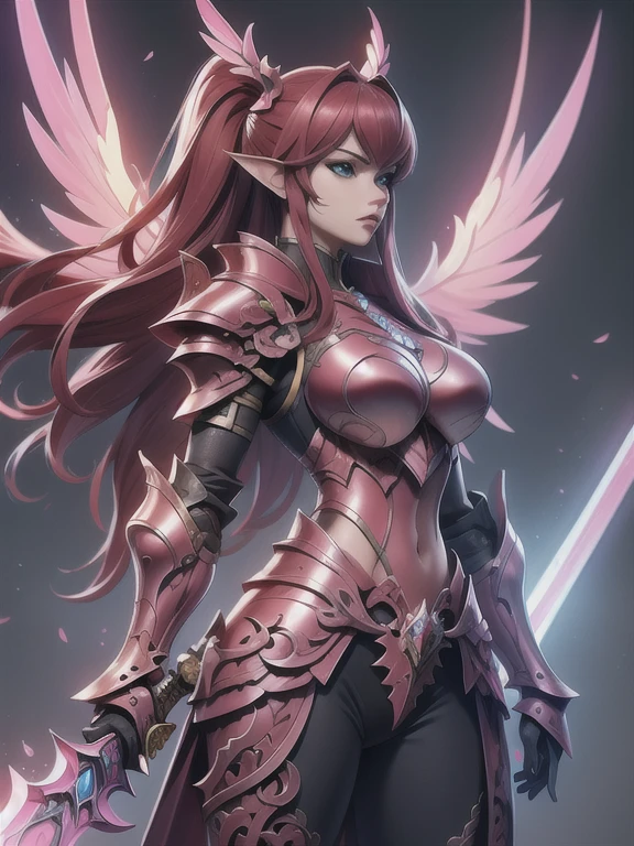 (masterpiece, best quality:1.2), Character design, ((1 girl, solo)), warrior of xian, slim body, medium chest, skinny waist, ((long deep red hair)). blue eyes. (((pink fantasy armor a female knight in a pink full armor))), (((big pauldrons, intricate details))), (((large armor wings))), (((advanced weapon fantasy plasma sword in right hand))), (standing), (((side body view))), plain gray background, masterpiece, HD high quality, 8K ultra high definition, ultra definition,