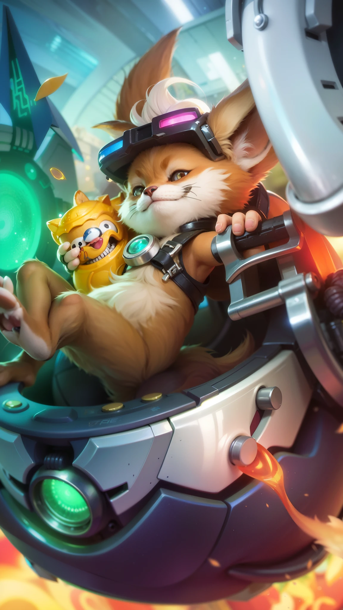 a close up of a Fox in a helmet riding a motorcycle, teemo, splash art, league of legends splashart, teemo from league of legends, league of legends splash art, furry fantasy art, furry paw pov art, cat summons a spaceship, inspired by Jules Chéret, a portrait of junkrat, anthro paw pov art