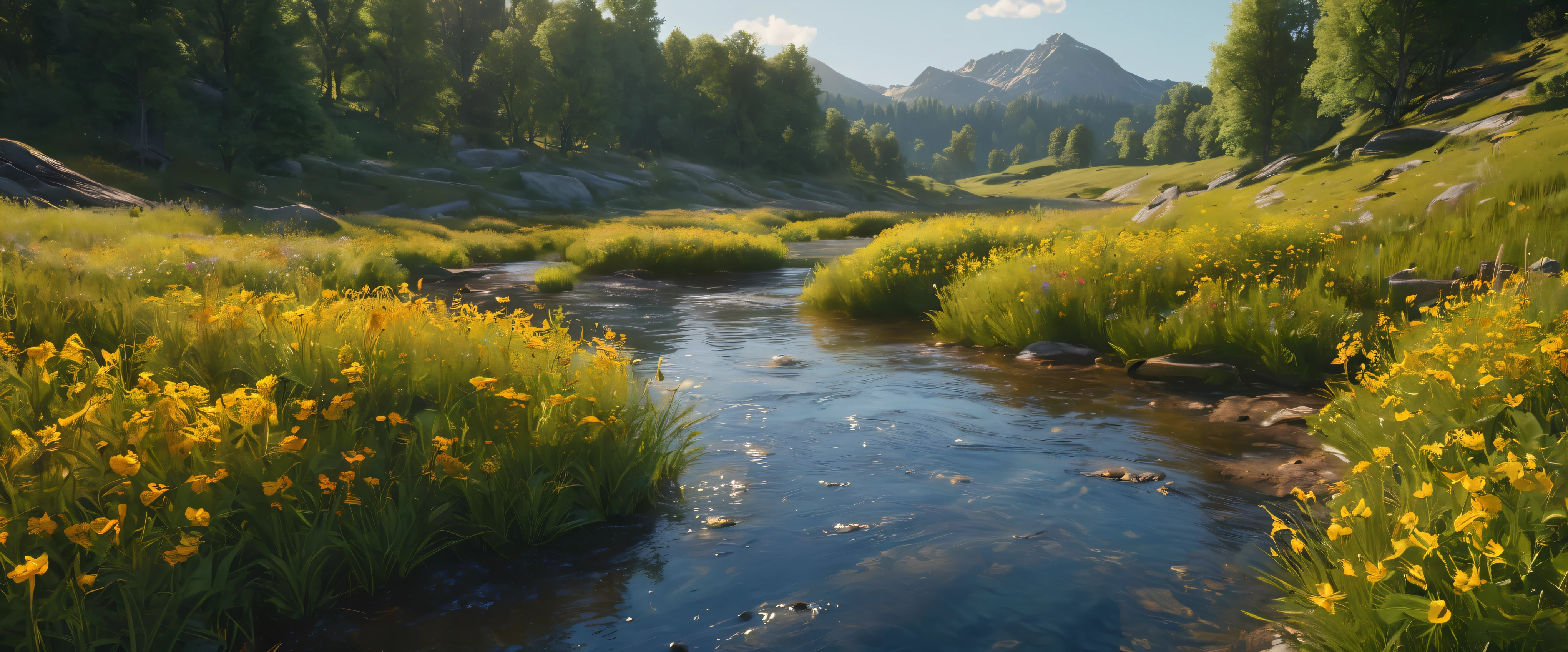 (best quality,8k,highres:1.2),(hyperrealism:1.1),vibrant colors,sharp focus,insanely detailed,(2k1:1.1) style landscape scene,ultra-detailed rendering,impressively lifelike,rich and dynamic colors,epic beauty,meticulous composition of elements,lush greenery,breathtaking mountain range,stunningly realistic textures,crystal-clear river flowing through the scene,sunlit sky casting warm golden light,impressive level of intricate details,perfectly captured reflections,flawlessly executed lighting and shadows,immersive sense of depth and dimensionality,extraordinary level of realism creating a mesmerizing visual experience.beautiful meadow painting captures the beauty of a wildflower meadow in springtime. Featuring an antique, rustic style