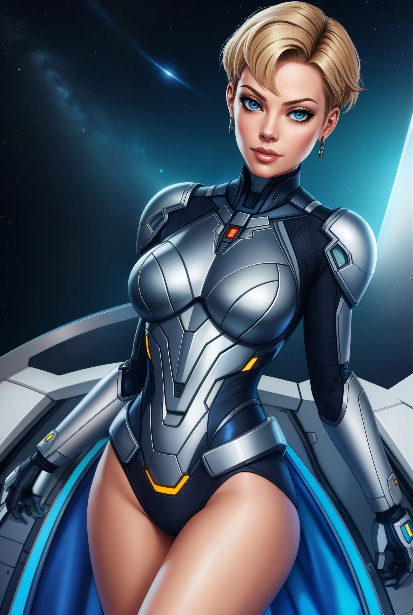 Seven of Nine, cybernetic woman, short blonde hair, sexy, cowboy shot,silver body