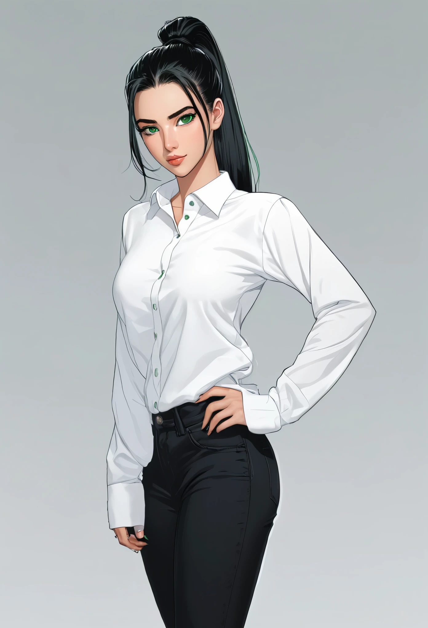 1girl, black ponytail hair, green eyes, wearing plain white long sleeve shirt, black pants, webtoon, MiRinae from how to live as a villain, cool, high res, ultraSharp, masterpiece, looking at viewer