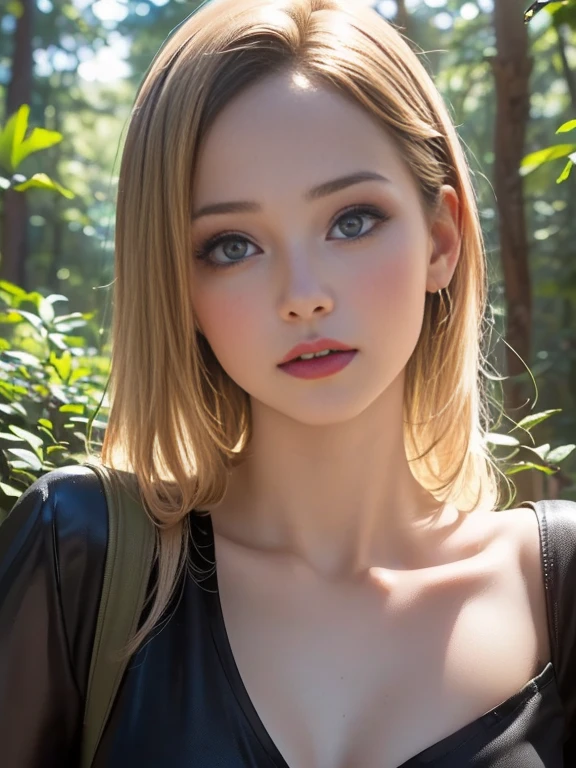 (best quality, 8k, highres, photorealistic:2.0), (solo, one girl:2.0),(lighting: front),(lighting: strong),(ultimate beautiful girl:2.0),(shiny skin),(oily skin),(blonde hair:1.5),(very long hair:1.5),(beauty:2.0),Blush brown makeup , dark eye makeup , use pink glossy lipstick,(big beady eyes girl:1.5),(droopy-eyed girl:1.5),(thin girl:1.5),(baby face girl),(sex appeal:1.7),(sweet smelling girl),(Photographed on a hiking trail in the forest:1.8),(brook babbling),(A place with very clean air),(she works for low wages:1.5),(she has a nice smile),(she is very sociable),(from a very poor family:1.5),(virgin girl),(She is a secret pervert.),(she covertly lewd),(she looks so erotic),(Preserve virginity for devout Christians),chuuChloe,(woman enjoying hiking:1.5),(like mode fashion:1.3),(Secretly masturbating and climaxing violently)