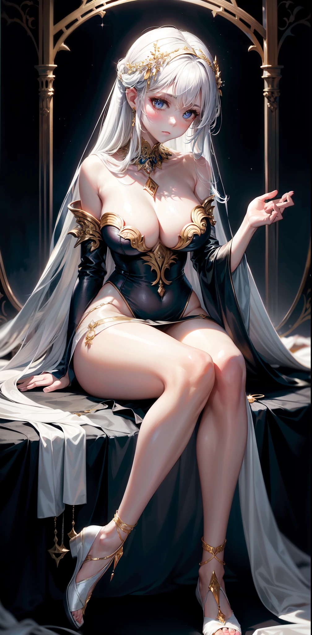 Visualize a celestial apparition, embodied in the form of a youthful sorceress, ensconced within a cocoon of gossamer silk. Her lustrous golden tresses cascade over her shoulders, shimmering like molten bronze under the argent beams of moonlight filtering through the canopy above. Her visage bears an ethereal quality, with ivory skin stretched tautly over high cheekbones and a delicate jawline, punctuated by the faintest blush that graces her cheeks.
Her eyes, when open, reveal irises of sapphire blue, framed by long, sweeping lashes that cast shadows upon her pale complexion. Plump, rosebud lips part softly, releasing gentle sighs as she sinks into a state of meditative tranquility. A nose, symmetrical and delicately sculpted, completes the symmetry of her finely chiseled features.
An obsidian pendant, suspended from a slender chain, adorns her neck, nestled between the curves of her bosom. The minimalist accessory serves to accentuate the simplicity of her ensemble—a voluminous gown crafted from diaphanous silk, cinched at the waist with a belt embellished with intricate knotwork. The translucent fabric hugs her slender form, tracing the elegant lines of her silhouette before pooling around her feet like liquid silver.
Long, tapering fingers extend from the sleeves of her garment, terminating in nails buffed to a mirror-like shine. Delicate feet, ensconced in dainty slippers fashioned from supple kidskin, remain crossed at the ankle, revealing a hint of vulnerability beneath her calm façade.