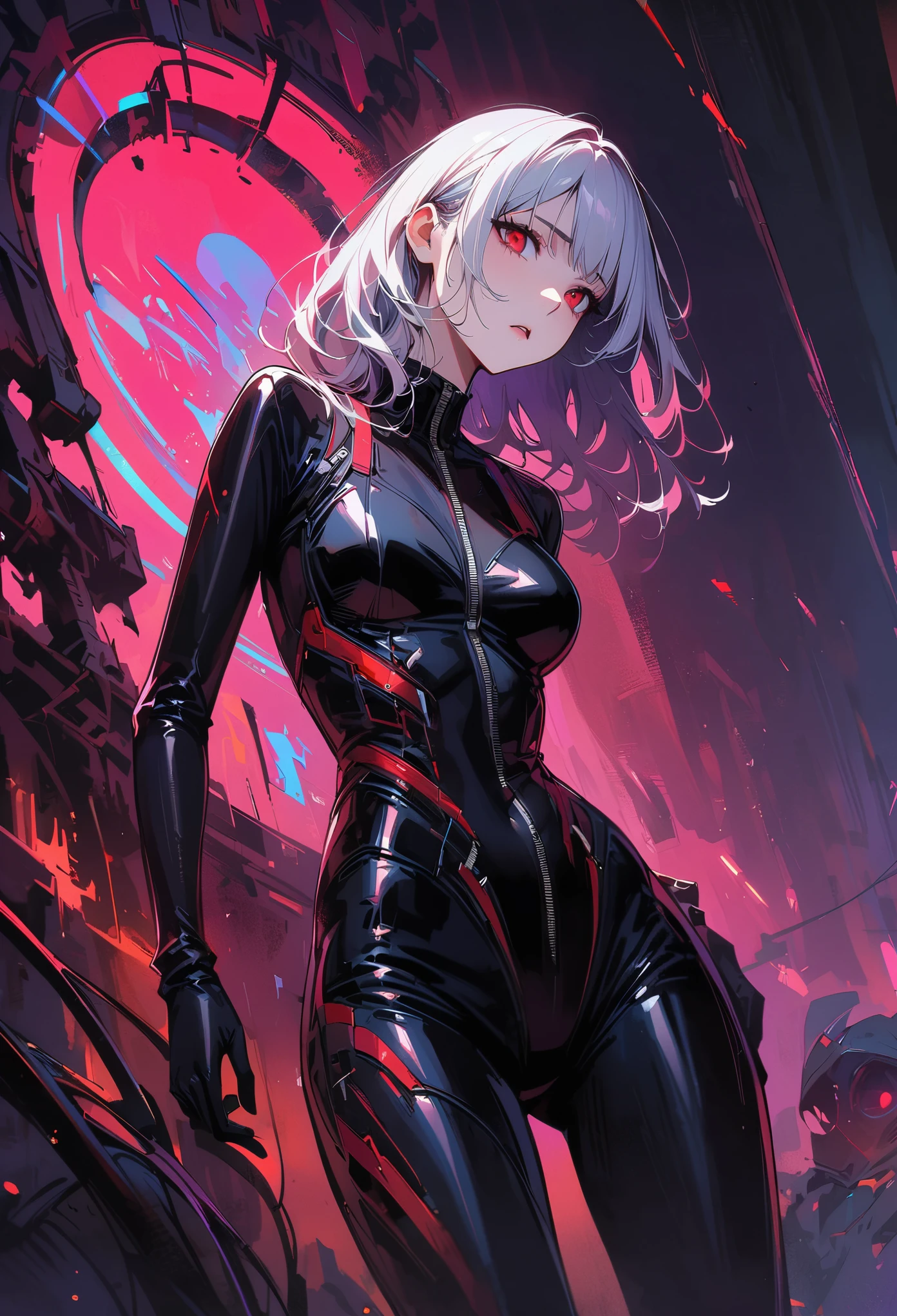 masterpiece, best quality, 8K, number, 1 girl, Solitary, stand up, youth, white hair, Long white hair, Hair accessories, Red Eyes, Round pupil, emotionless expression, Blood, Mechanical Parts, electric wire, cable, Failure Effect, Shocking, Science fiction, Futuristic, The background is darker inside, Neon, cyberpunk characters, Surrealism, Strange, Disturbing, spine-chilling, Shocking, One-piece Pants,Red Eyes,Venom,nigrescence,Long black gloves,One-piece Pants,Tight latex jumpsuit,Highlight her graceful figure,wrap the whole body,Symbiote,((Sexy highlighted)),One-piece Pants,Red Eyes,Venom,nigrescence,Long black gloves,One-piece Pants,Black latex clothing,Blood-Red Eyes,best quality, high resolution, Super detailed, Vivid texture, mask, Tight latex jumpsuit, Bangs,Purple Hair, blue eyes