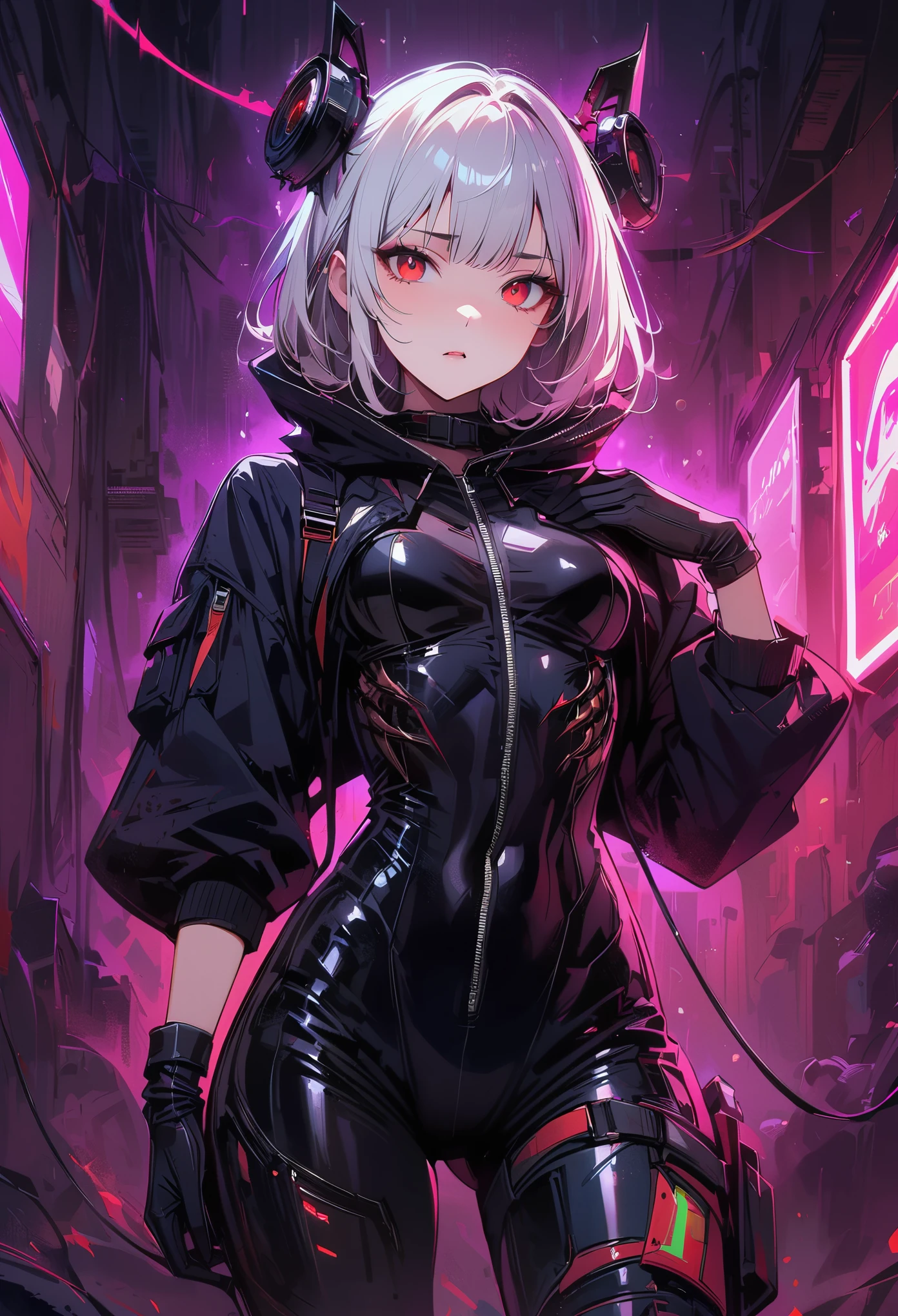 masterpiece, best quality, 8K, Digital painting, 1 girl, solo, stand up, youth, White hair, long white hair, hair accessories, red eyes, round pupils, Emotionless expression, blood stains, Mechanical Parts, electric wire, cable, failure effect, horrifying, science fiction, futuristic, Dark inside the background, neon lights, cyberpunk characters, Surreal, weird, Disturbing, spine-chilling, horrifying, jumpsuit,Red eyes,Venom Possession,blackened,Long black gloves,One-piece Pants,tight latex bodysuit,Highlight her graceful figure,wrap the whole body,symbiont,((Raised sexy)),jumpsuit,Red eyes,Venom Possession,blackened,Long black gloves,One-piece Pants,Black latex clothing,Blood-red eyes,best quality, High resolution, Super detailed, Vivid textures, mask, tight latex bodysuit, Bangs,purple hair, blue eyes