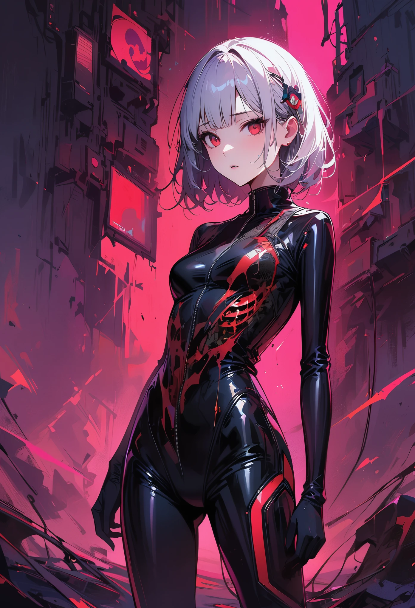 masterpiece, best quality, 8K, Digital painting, 1 girl, solo, stand up, youth, White hair, long white hair, hair accessories, red eyes, round pupils, Emotionless expression, blood stains, Mechanical Parts, electric wire, cable, failure effect, horrifying, science fiction, futuristic, Dark inside the background, neon lights, cyberpunk characters, Surreal, weird, Disturbing, spine-chilling, horrifying, jumpsuit,Red eyes,Venom Possession,blackened,Long black gloves,One-piece Pants,tight latex bodysuit,Highlight her graceful figure,wrap the whole body,symbiont,((Raised sexy)),jumpsuit,Red eyes,Venom Possession,blackened,Long black gloves,One-piece Pants,Black latex clothing,Blood-red eyes,best quality, High resolution, Super detailed, Vivid textures, mask, tight latex bodysuit, Bangs,purple hair, blue eyes