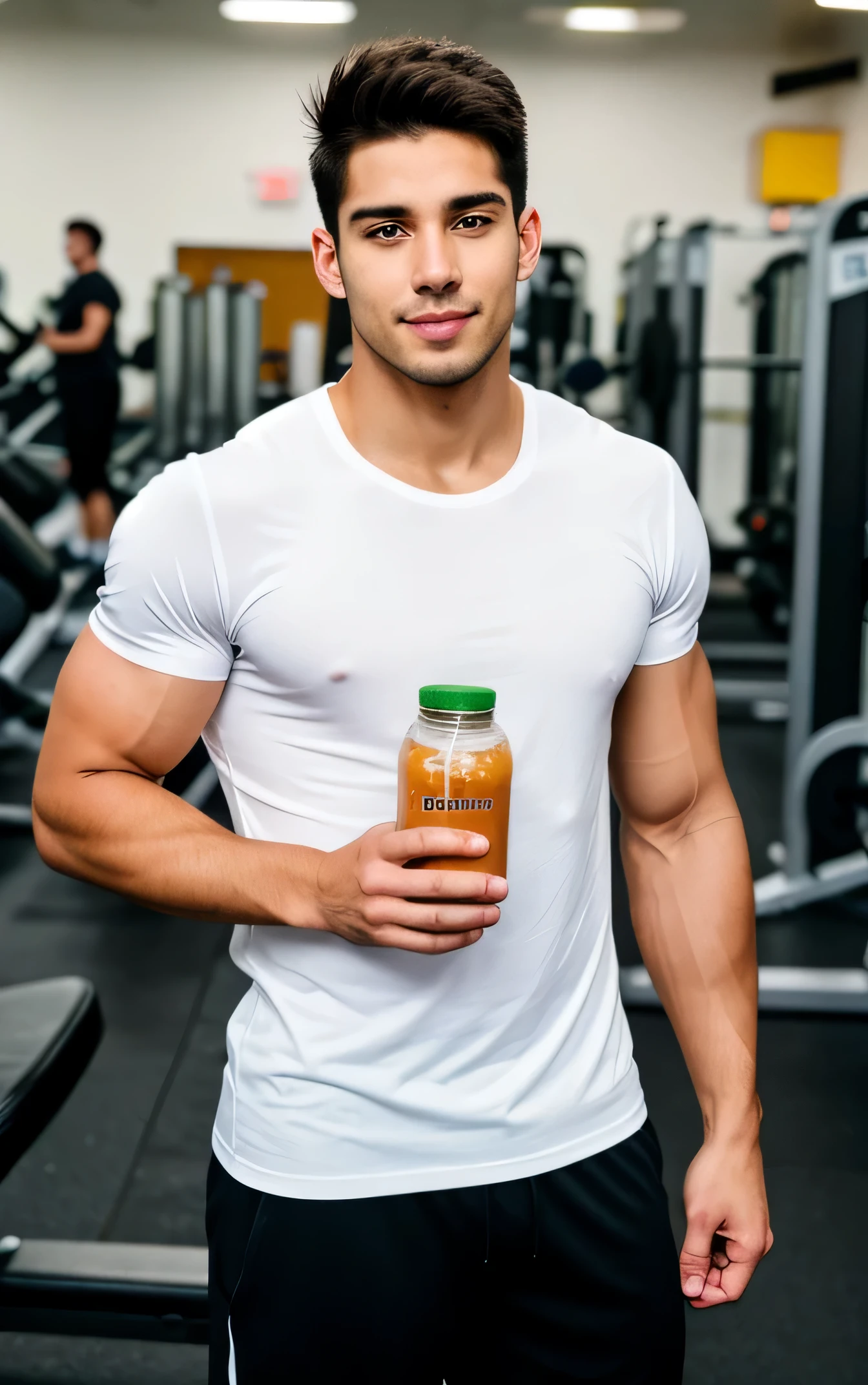 Male athlete, 25 years old, brunette, muscular body, wearing a T-shirt, originally from Peru, standing in the gym, upper body in the photo, ultra-realistic, holding a jar of vitamins, standing in full-face, upper body, in the gym, showing a jar of vitamins , realistic, photo, holding a jar of vitamins , realistic, photo, holding a jar of vitamins