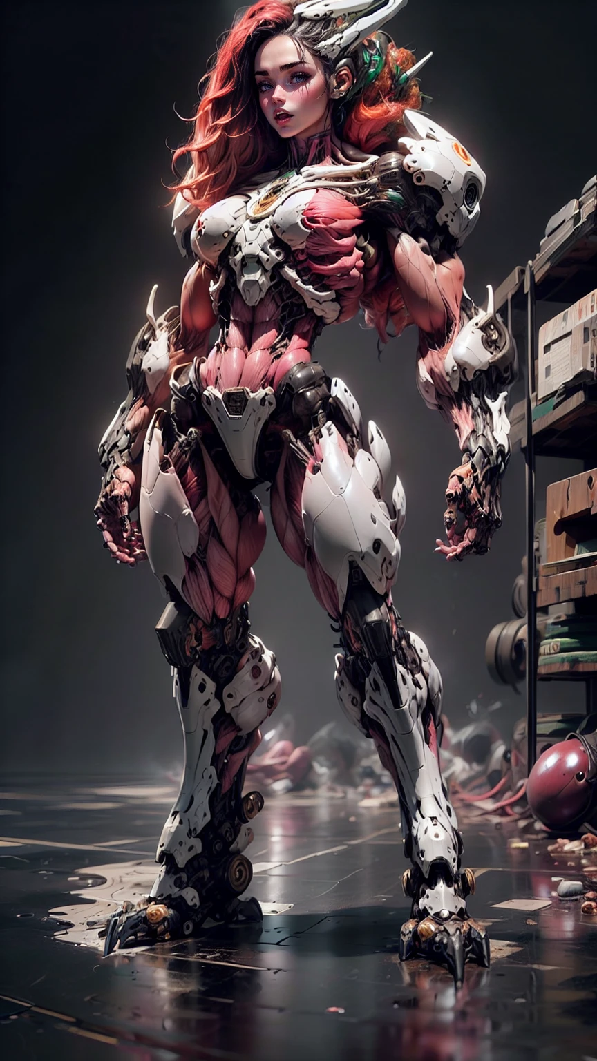 Cinematic, clear facial features and insanely detailed, the image captures the essence of (1 girl), (megan fox:1.25), (long red hair), (carnage skinless physique:1.25), (1 super muscular undead skinless succubus with gigantic horns:1.25), (covered in red necrotic rotting skinless muscle:1.25), (exposed muscles & veins everywhere:1.25), (perfect fingers:1.25) (full body pose:1.25). The color grading is beautifully done, enhancing the overall cinematic feel. Unreal Engine makes her appearance even more mesmerizing. With depth of field (DOF), every detail is focused and accentuated, drawing attention to her eyes and hair. Peak image resolution utilizing super-resolution technology ensures pixel perfection. Cinematic lighting enhances her aura, while anti-aliasing techniques like FXAA and TXAA keep the edges smooth and clean. Adding realism to the muscular bio-mecha succubus , RTX technology enables ray tracing. Additionally, SSAO (Screen Space Ambient Occlusion) gives depth and realism to the scene, the girl's presence even more convincing. In the post-processing and post-production stages, tone mapping enhances the colors, creating a captivating visual experience. The integration of CGI (Computer-Generated Imagery) and VFX (Visual Effects brings out her demonic features seamlessly . Incredible level of detail, with intricate elements meticulously crafted, the artwork hyper maximalist and hyper-realistic. Volumetric effects add depth and dimension, with unparalleled photorealism. 8k resolution rendering ensures super detailed visuals. The volumetric lighting adds a touch of magic, highlighting her beauty and aura in an otherworldly way. High Dynamic Range (HDR) tech makes the colors pop, adding richness to the overall composition. Ultimately, this artwork presents an unreal, yet stunningly real portrayal of an incredibly beautiful bio-mecha succubus girl. The sharp focus ensures that every feature is crisply defined, creating a captivating presence. (girl face:1.45)