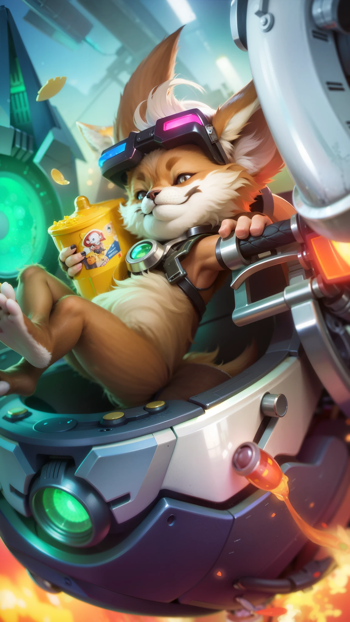 a close up of a Fox in a helmet riding a motorcycle, teemo, splash art, league of legends splashart, teemo from league of legends, league of legends splash art, furry fantasy art, furry paw pov art, cat summons a spaceship, inspired by Jules Chéret, a portrait of junkrat, anthro paw pov art, holding snacks in hand