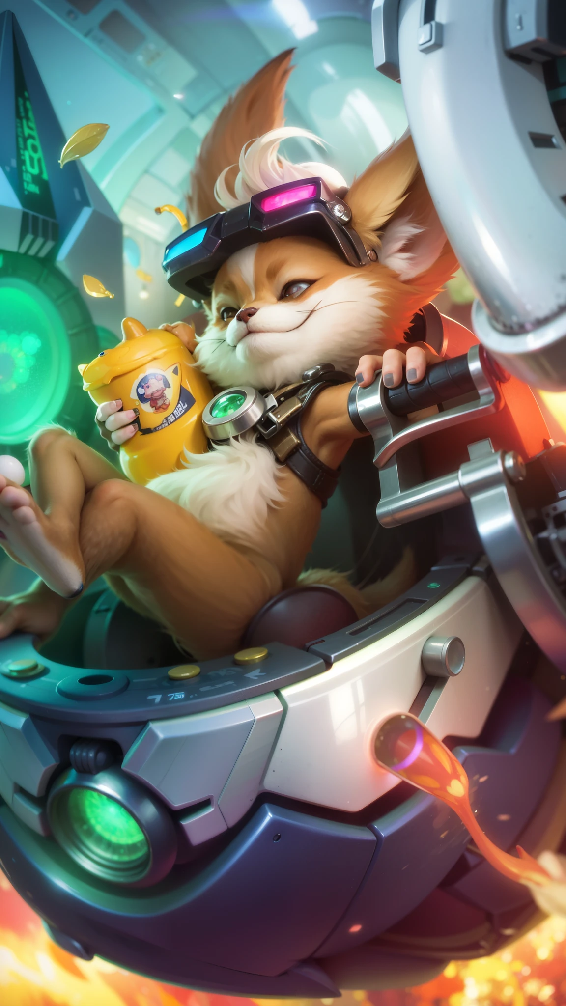 a close up of a Fox in a helmet riding a motorcycle, teemo, splash art, league of legends splashart, teemo from league of legends, league of legends splash art, furry fantasy art, furry paw pov art, cat summons a spaceship, inspired by Jules Chéret, a portrait of junkrat, anthro paw pov art, holding snacks in hand