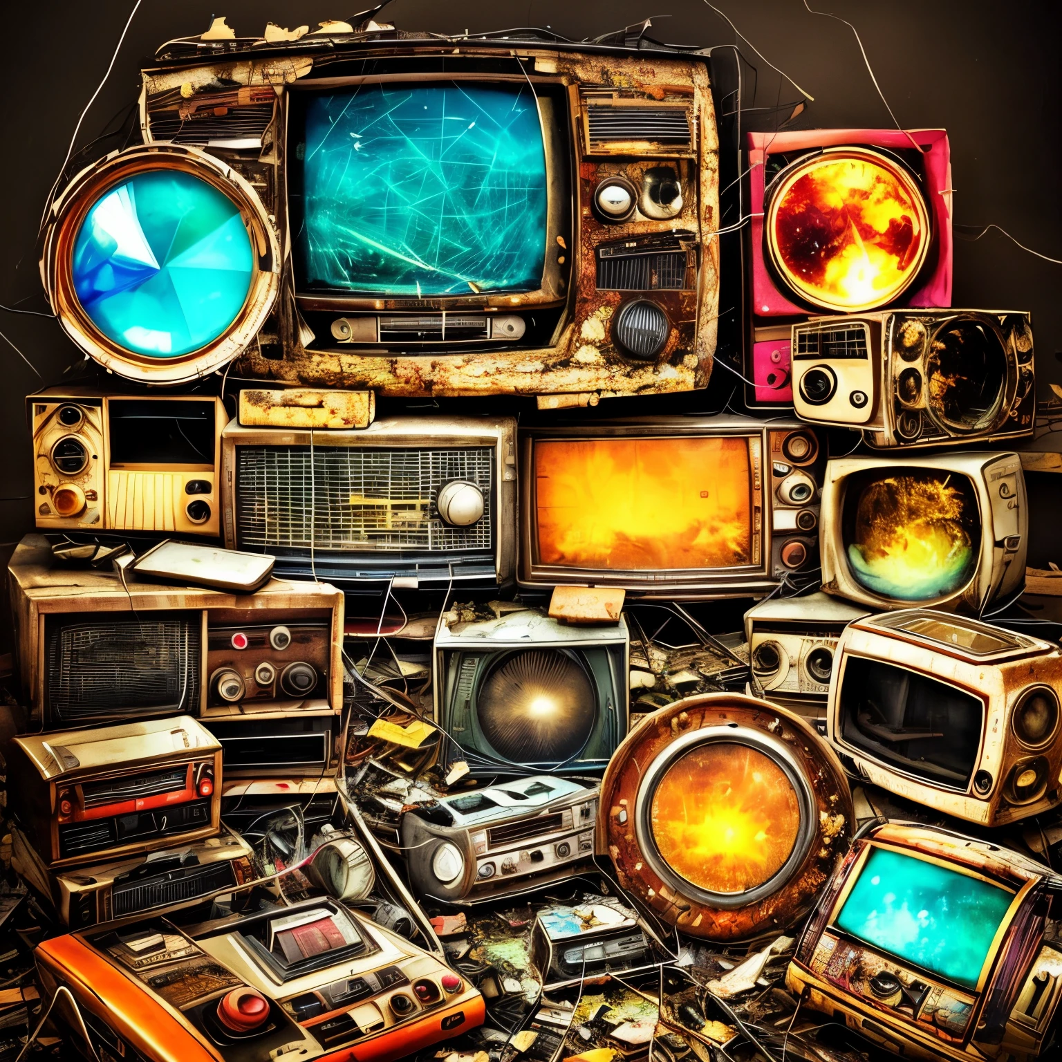 An analog television shattering into fragments with vibrant glitches, surrounded by old devices thrown haphazardly about, symbols of a bygone era.
Retro television explosion into pieces with chromatic noises, dispositivos obsoletos arrojados, symbols of an era pasada.
Old-fashioned television explosion to pieces with colorful glitches, old devices released, symbols of an earlier era.
Vintage TV imploded in pieces with chromatic noises, dispositivos antiguos despegados, symbols of an era