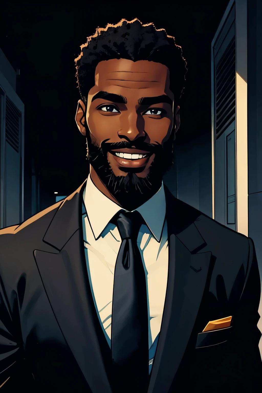 corporate black african, dark skin, wearing black suit, wearing a tie, smiling, with beard, 26 years old.