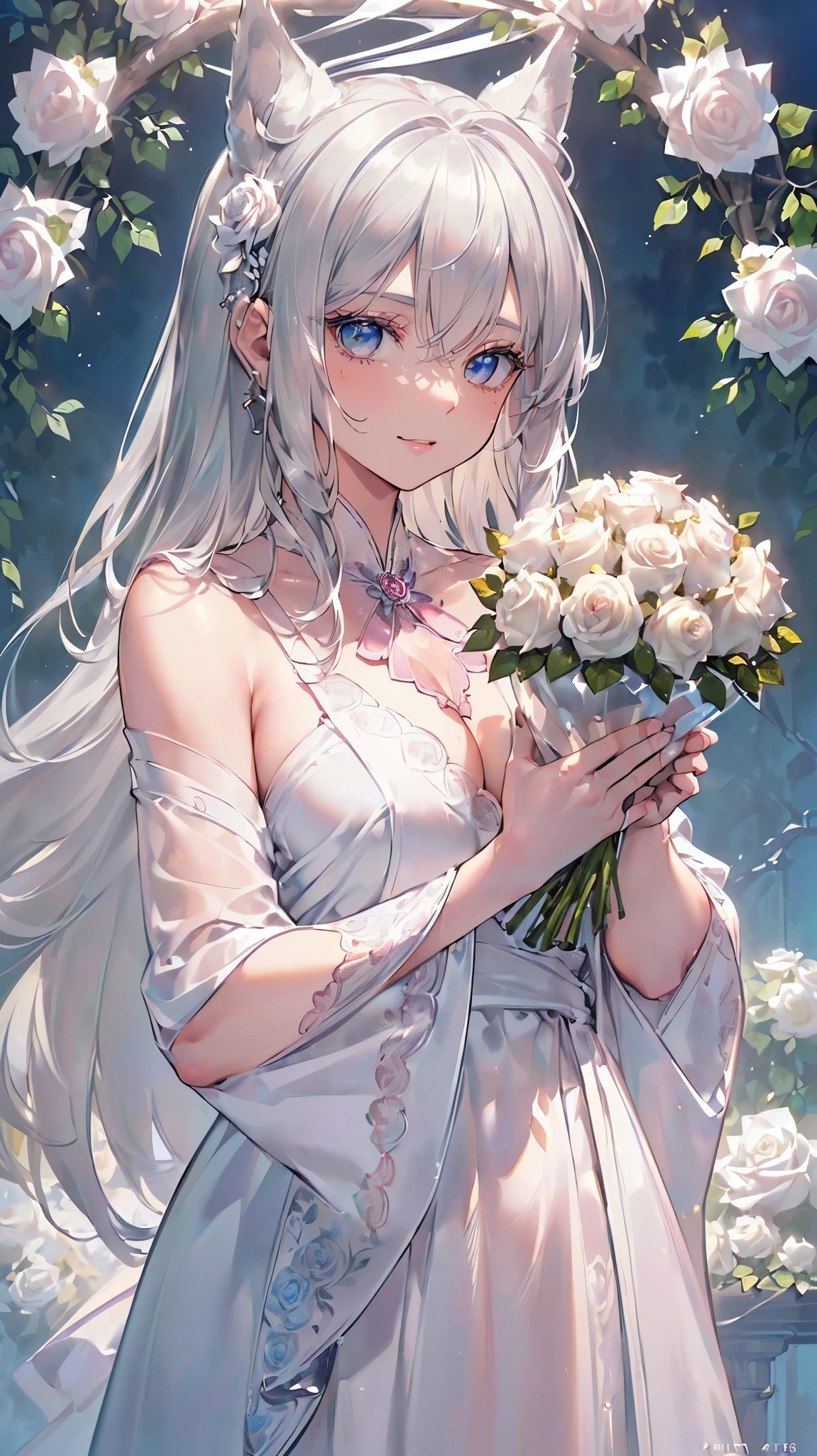 (((Masterpiece))), (((Highest quality))), ((Ultra-detailed)), ((Super fine illustration)), ((Ultra-fine painting)), (16K highest quality wallpaper:1.4), (Upper body:1.4), (Highly detailed and delicate illustration style:1.8), Detailed skin texture, Detailed cloth texture, Detailed rose flower texture, Detailed wood texture, Extreme detailed description, (T-masterpiece), (Highly detailed face:1.4), Original, RAW photo, Professional, Intricate details, Super details, Direct light:1.6, (Perfect anatomy:1.4), (Highly detailed hands:1.2), (Highly detailed fingers:1.2), (Highly detailed fingertips:1.2), (27-years-old), Real, (Solo:1.6), ((A very beautiful and attractive silver fox fashion model who is a messenger of God and a traditional sacred shrine maiden:1.4)) BRAKE (Beautiful and adorable silver fox ears:1.6), (Highly detailed and delicate silver fox ears:1.4), (Beautiful and well-shaped big breasts:1.2), (Beautiful and well-shaped buttocks), (Beautiful and shiny silver hair:1.6), (Highly detailed and delicate silver hair:1.4), (Beautiful clear blue eyes that shine with great detail:1.6), (Highly detailed and delicate blue eyes:1.2), (Highly detailed face:1.4), (Smile:1.4), (Looking at viewer:1.4), (Standing:1.4), (Celebration:1.4) BRAKE ((A beautiful and gorgeous princess dress that is detailed and delicate to be worn at celebratory occasions:1.4)) BRAKE ((Holding in both hands a large bouquet of highly detailed and delicate ((white and pink roses)):1.3)) BRAKE (Just after noon:1.4), (Celebration:1.4), ((Highly detailed and delicate white rose flower and pink rose flower garden background:1.4)), (Highly detailed and delicate royal palace courtyard background in just after noon in spring:1.4) BRAKE 