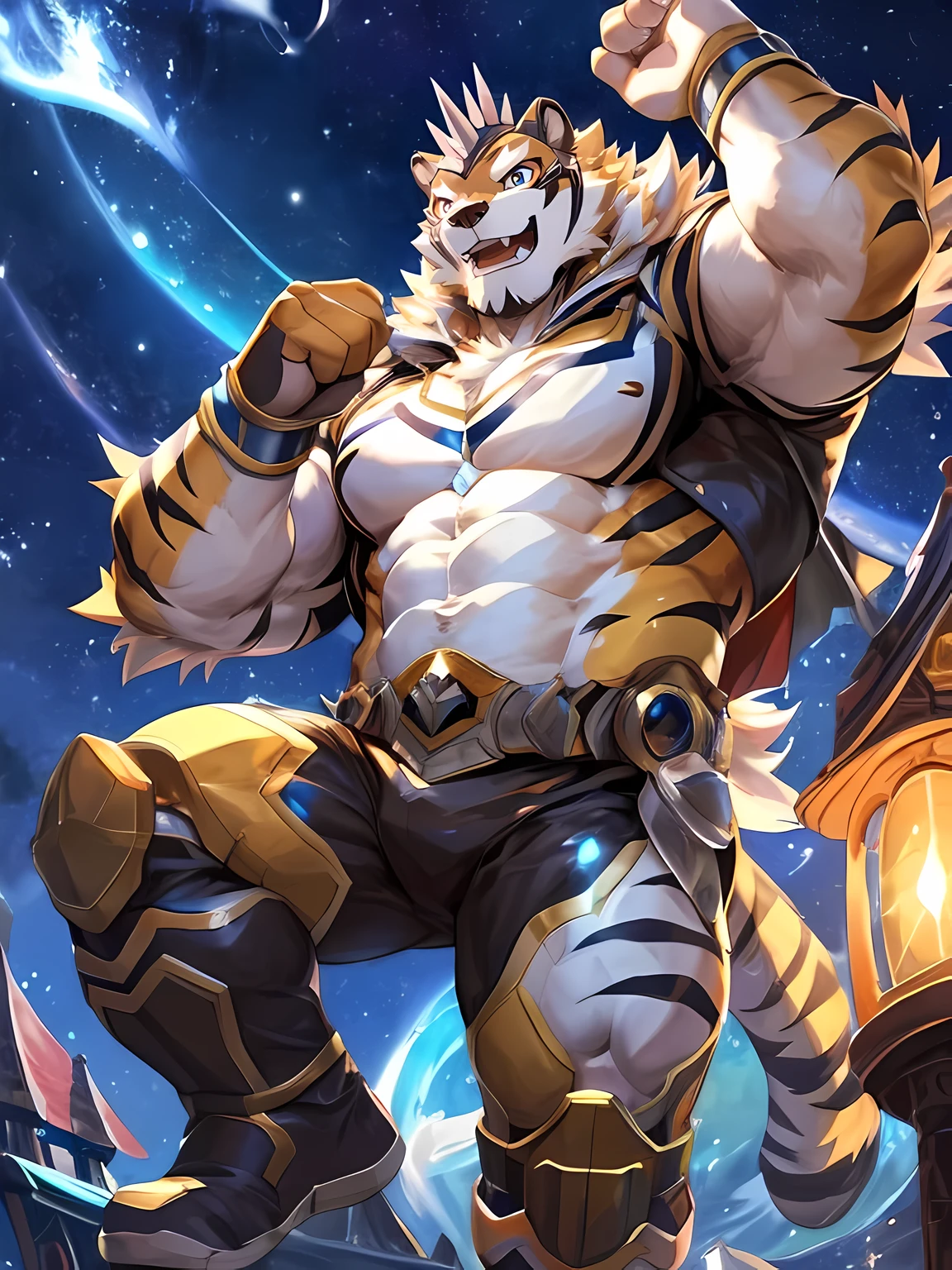 masterpiece,high quality,anime,detailed eyes,furry male White Tiger, Ryekie, Great physique,strong arms manly, flying ship, stargazing, Heroes suit, (Night), Shimmering Stars, Joyful, by null-ghost,by pino daeni