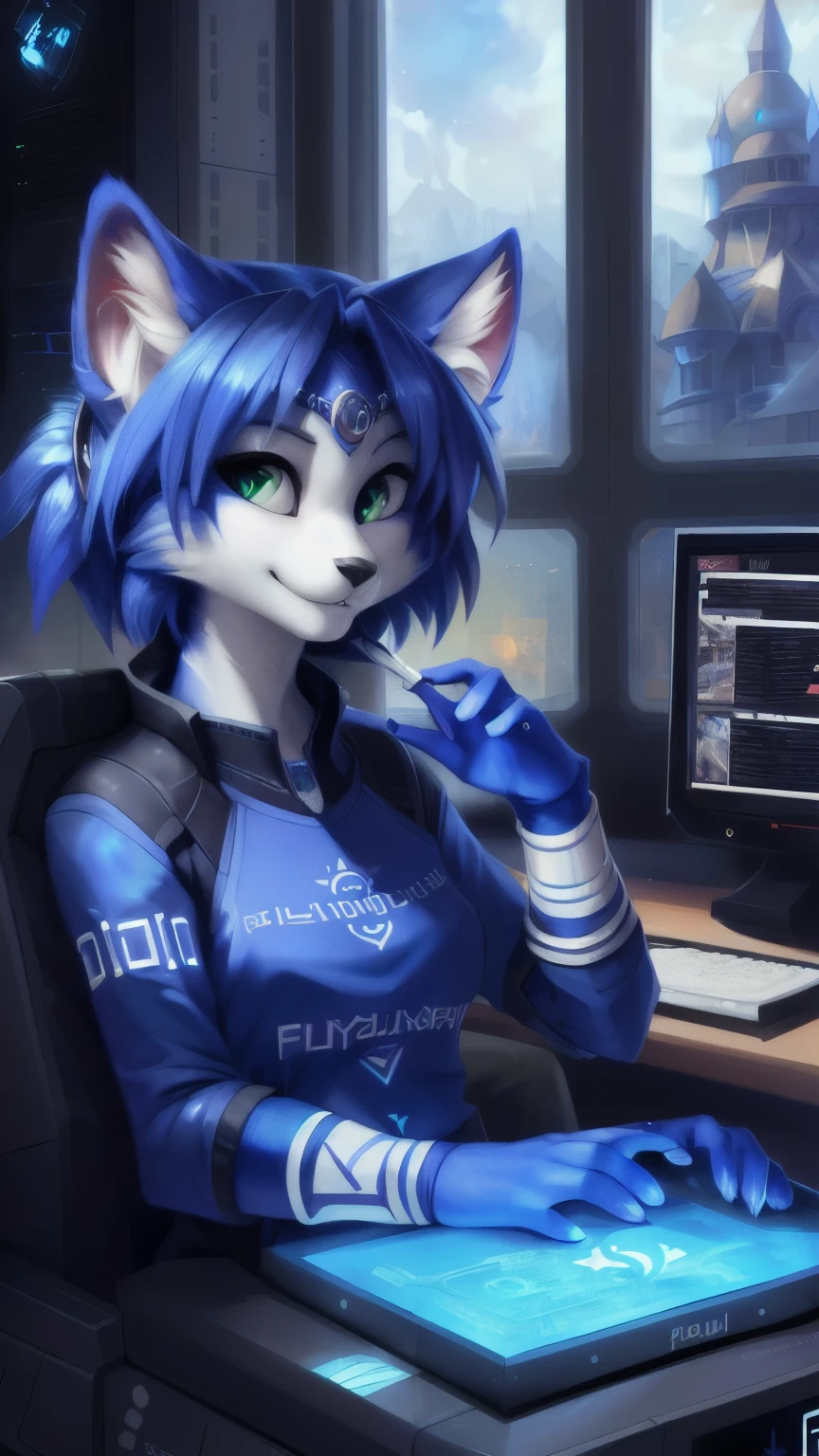 A beautiful and detailed (sweet portrait) von ((Krystal)), Sternenfuchs Krystal, Schlank, liebenswert, Green eyes, Small breasts, Raumanzug, Tippen auf einem holographischen Computer, Dekollete, Grinsen, hoch schauen,, Anthro, Pelzig, holografischer Bildschirm, Science-Fiction, Hochgeladen E621, detailed flauschige fur, (von Fluff-Kevlar, Bayard Wu, personalami, Pino Daeni), detailliertes Gesicht, (flauschige), 1girl, Allein, kein Wasserzeichen