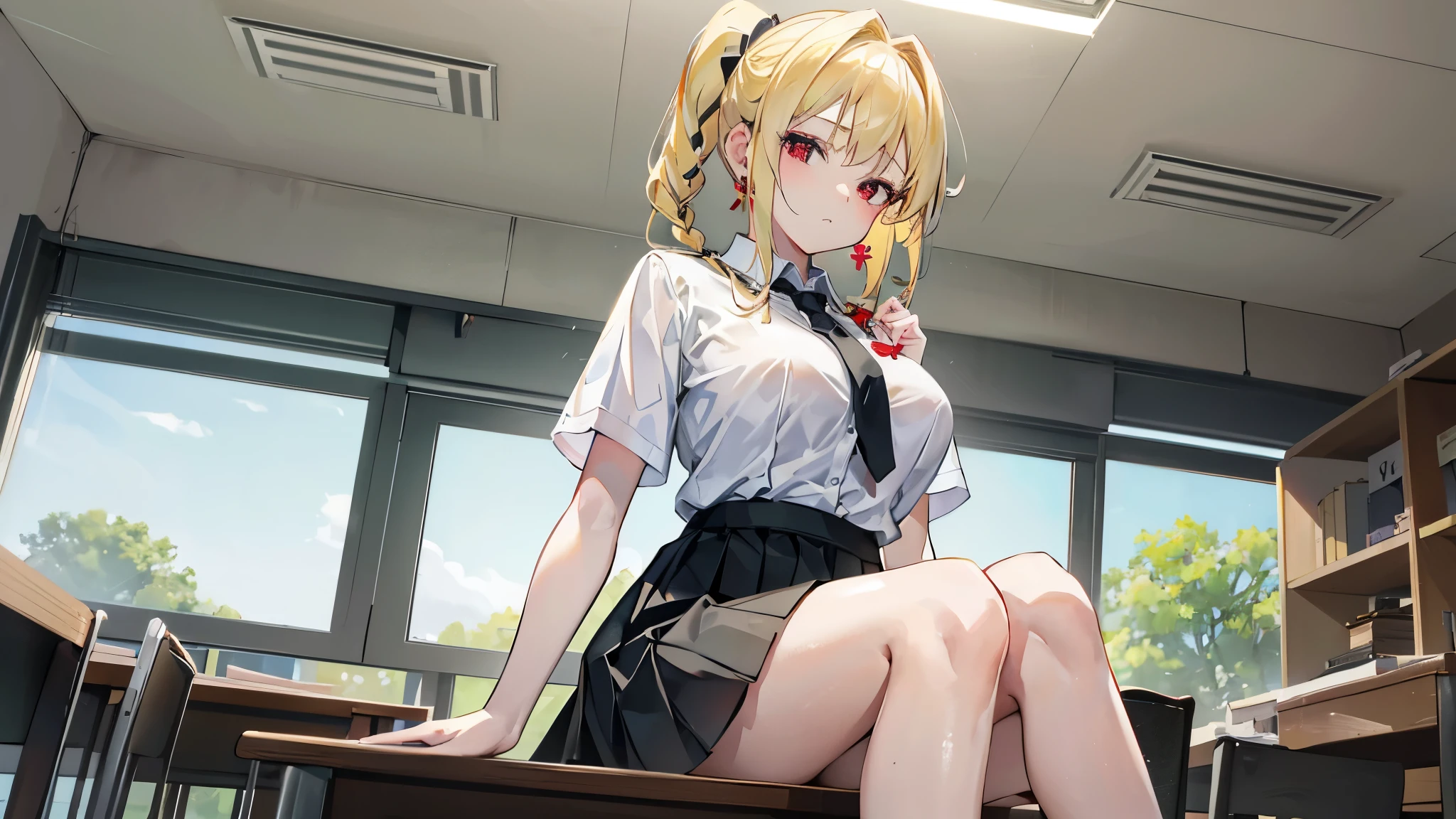 4K image of a girl with blonde hair, , large breasts, red eyes, short ponytail hair, green braid tied in a bow on the left...,, wearing a white short-sleeved shirt. Wearing a tie, a short black skirt, wearing stockings, wearing earrings, sitting in the classroom. With a hateful expression on his face.