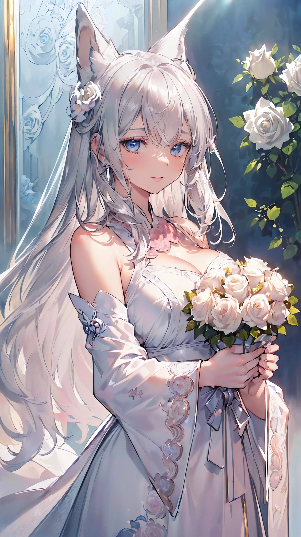 (((Masterpiece))), (((Highest quality))), ((Ultra-detailed)), ((Super fine illustration)), ((Ultra-fine painting)), (16K highest quality wallpaper:1.4), (Upper body:1.4), (Highly detailed and delicate illustration style:1.8), Detailed skin texture, Detailed cloth texture, Detailed rose flower texture, Detailed wood texture, Extreme detailed description, (T-masterpiece), (Highly detailed face:1.4), Original, RAW photo, Professional, Intricate details, Super details, Direct light:1.6, (Perfect anatomy:1.4), (Highly detailed hands:1.2), (Highly detailed fingers:1.2), (Highly detailed fingertips:1.2), (27-years-old), Real, (Solo:1.6), ((A very beautiful and attractive silver fox fashion model who is a messenger of God and a traditional sacred shrine maiden:1.4)) BRAKE (Beautiful and adorable silver fox ears:1.6), (Highly detailed and delicate silver fox ears:1.4), (Beautiful and well-shaped big breasts:1.2), (Beautiful and well-shaped buttocks), (Beautiful and shiny silver hair:1.6), (Highly detailed and delicate silver hair:1.4), (Beautiful clear blue eyes that shine with great detail:1.6), (Highly detailed and delicate blue eyes:1.2), (Highly detailed face:1.4), (Smile:1.4), (Looking at viewer:1.4), (Standing:1.4), (Celebration:1.4) BRAKE ((A beautiful and gorgeous princess dress that is detailed and delicate to be worn at celebratory occasions:1.4)) BRAKE ((Holding in both hands a large bouquet of highly detailed and delicate ((white and pink roses)):1.3)) BRAKE (Just after noon:1.4), (Celebration:1.4), ((Highly detailed and delicate white rose flower and pink rose flower garden background:1.4)), (Highly detailed and delicate royal palace courtyard background in just after noon in spring:1.4) BRAKE