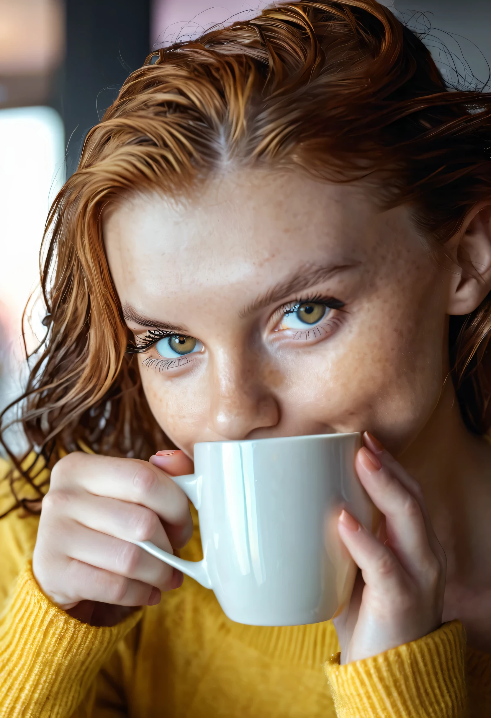 Cute beautiful blonde with yellow sweater (Drinking coffee in a modern café at sunset), sehr detailliert, 14 Jahre alt, unschuldiges Gesicht, naturally wavy hair, blaue Augen, high-res, Meisterwerk, best qulaity, komplizierte Details, sehr detailliert, scharf Fokus, detaillierte Haut, realistische Hauttextur, Textur, detaillierte Augen, professionell, 4k, charming smile, aufgenommen mit Canon, 85 mm, light depth of field, Kodak Vision-Farbe, perfectly fitting body, extrem detailliert, Foto_\(ultra\), fotorealistisch, realistisch, Nachbearbeitung, maximale Details, Rauheit, echtes Leben, ultrarealistisch, Fotorealismus, Fotografie, 8k uhd, Fotografie