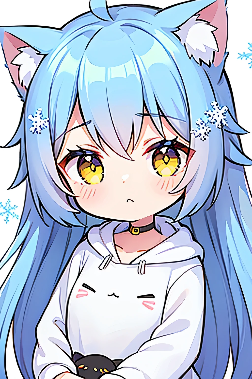1girl, blue long hair ,yellow eyes, cat ears, white hoodie,snowflake hair clip ,chibi