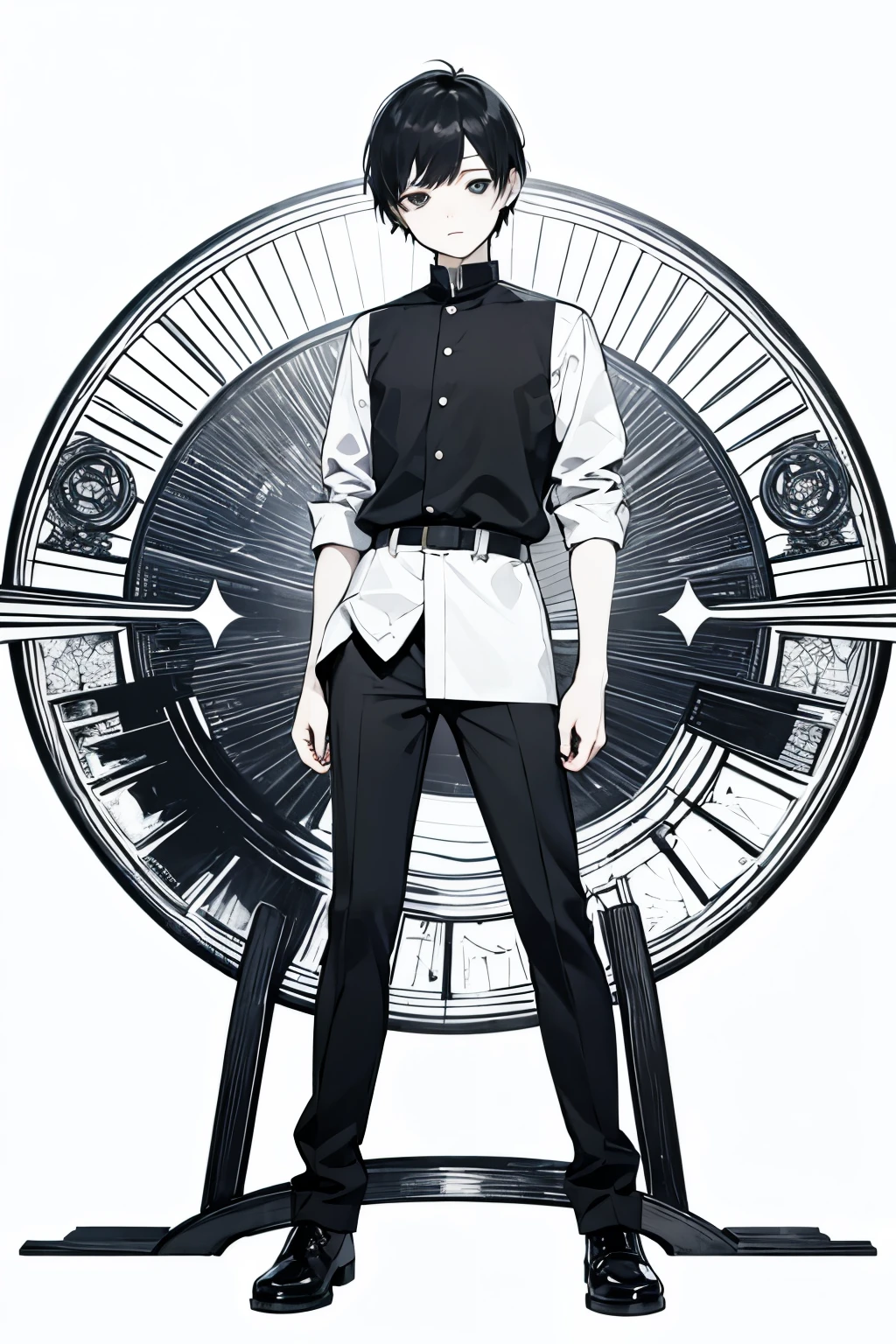 young,boy,portrait,full body esbian,Are standing,male focus, alone,table top,4k, background,black hair , black eye,pale skin,,short hair,,