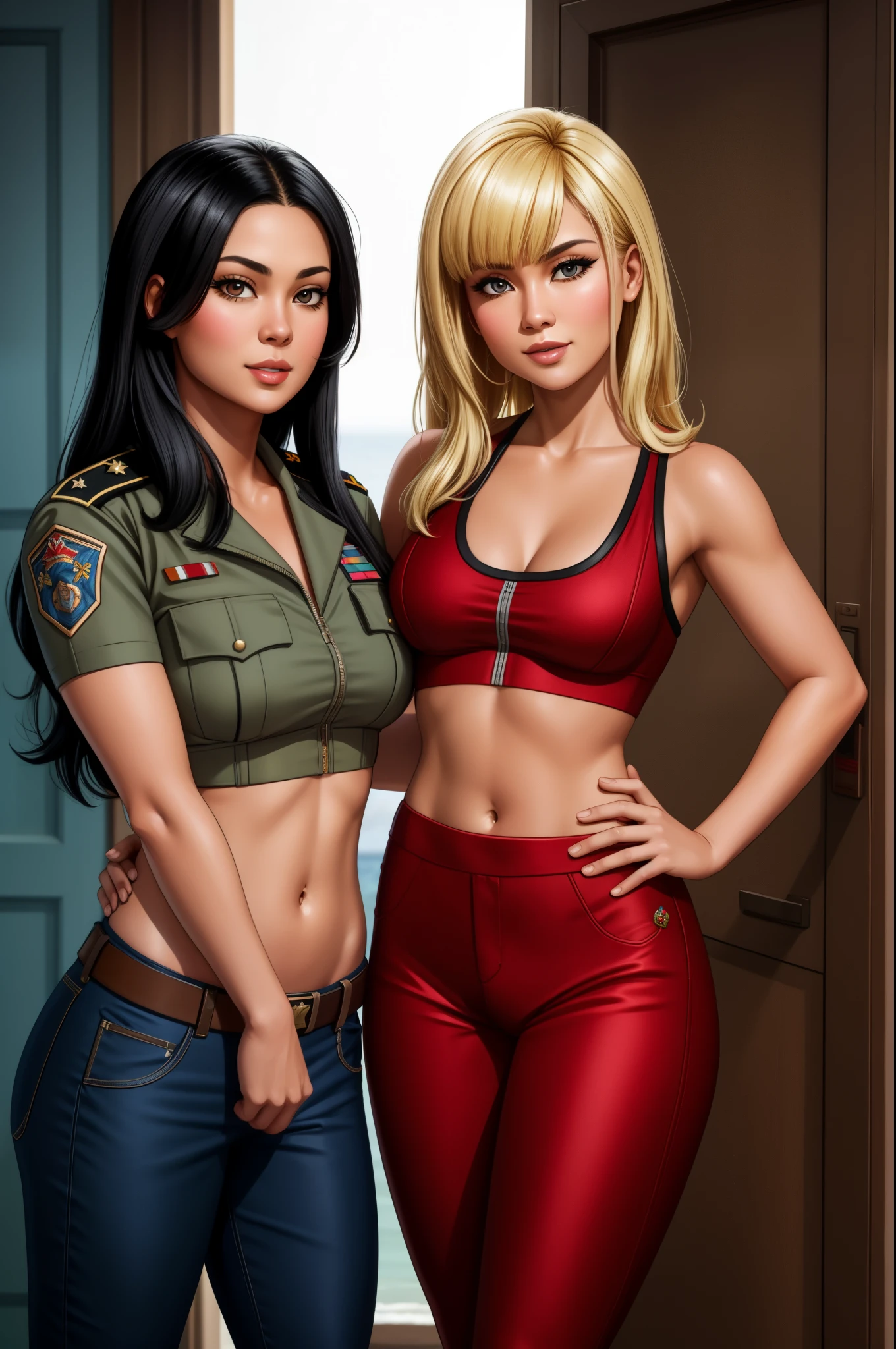 Lt. Sharon 'Boomer' Valerii and Number Six, Hawaiian woman with black hair, gorgeous blonde Russian woman, sexual tones, midriff, navel