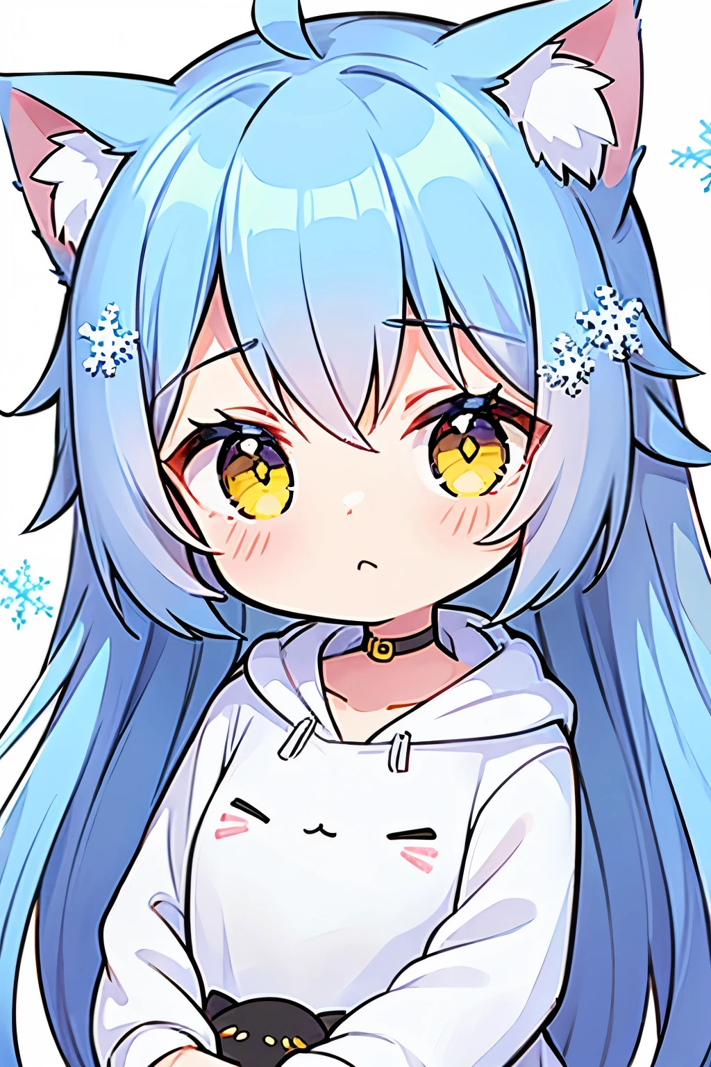1girl, blue long hair ,yellow eyes, cat ears, white hoodie,snowflake hair clip ,chibi