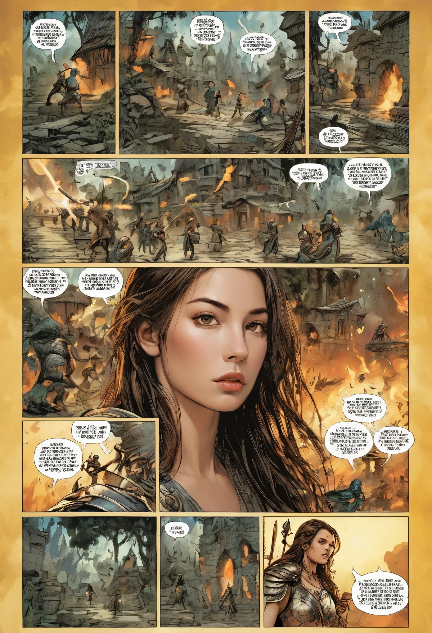 Comic storyboard:1.8, comic strip_layout,"The young woman transforms into a heavily armed female warrior, Holding a long sword, Fight monsters"， anatomy correct，fantasy, Ethereal, Ultra detailed, Intricate, oil on the canvas, Dry brush, (surrealism:1.1), (Disturbing:1.1), Enhanced detail., 32K ，hyper HD，Comics-like panel layout, Voice balloons, English text, Hand drawn audio stickers used in comics.，best quality,masterpiece,ultra high resolution