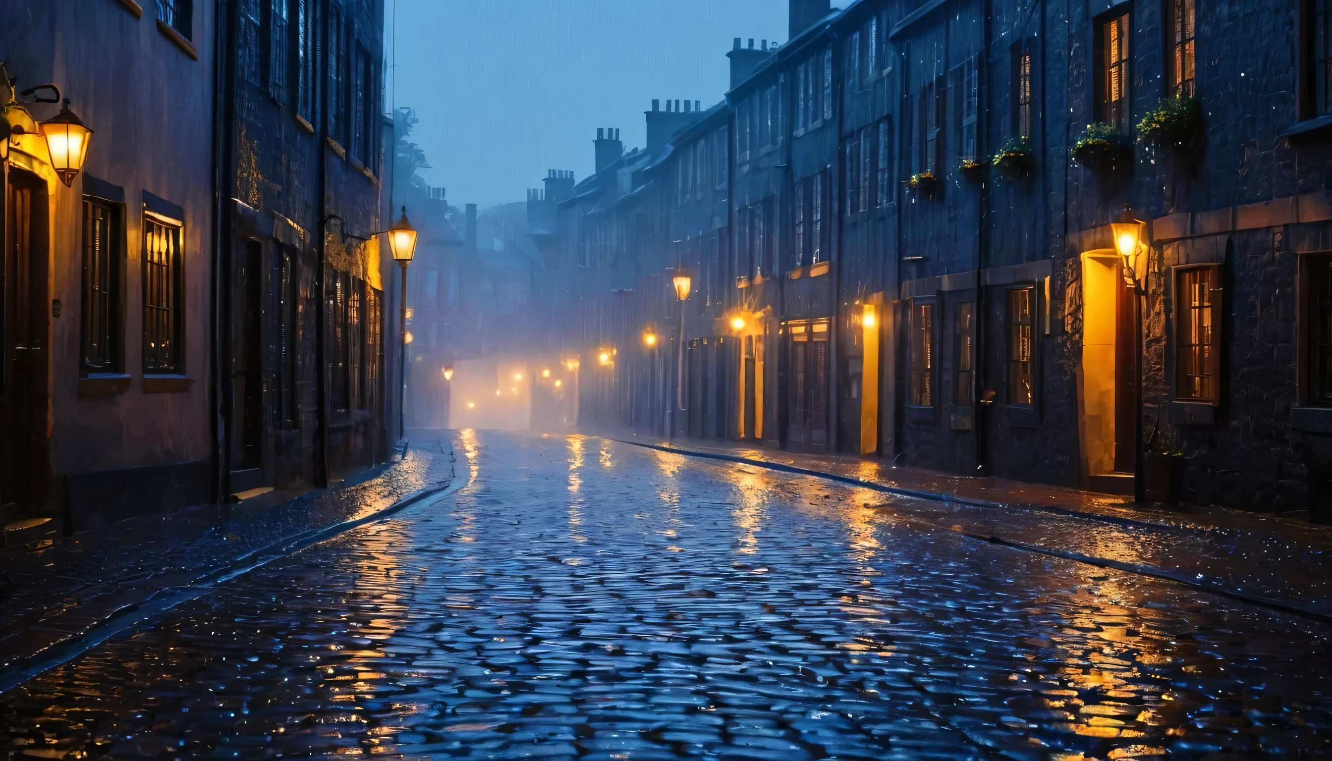 "As the night descends, a symphony of darkness and mystery unfolds. The scene opens to a quaint, cobblestone street illuminated by the soft glow of vintage street lamps, casting long, dancing shadows. The air is thick with the scent of rain-soaked earth, enhancing the ambiance. Glistening cobblestones reflect the shimmering raindrops falling from a charcoal sky, each droplet a tiny, twinkling star. The distant sound of thunder rumbles ominously, adding to the electrifying atmosphere. Wisps of mist rise from the ground, lending an ethereal quality to the scene. It's a hauntingly beautiful night that sends shivers down your spine."