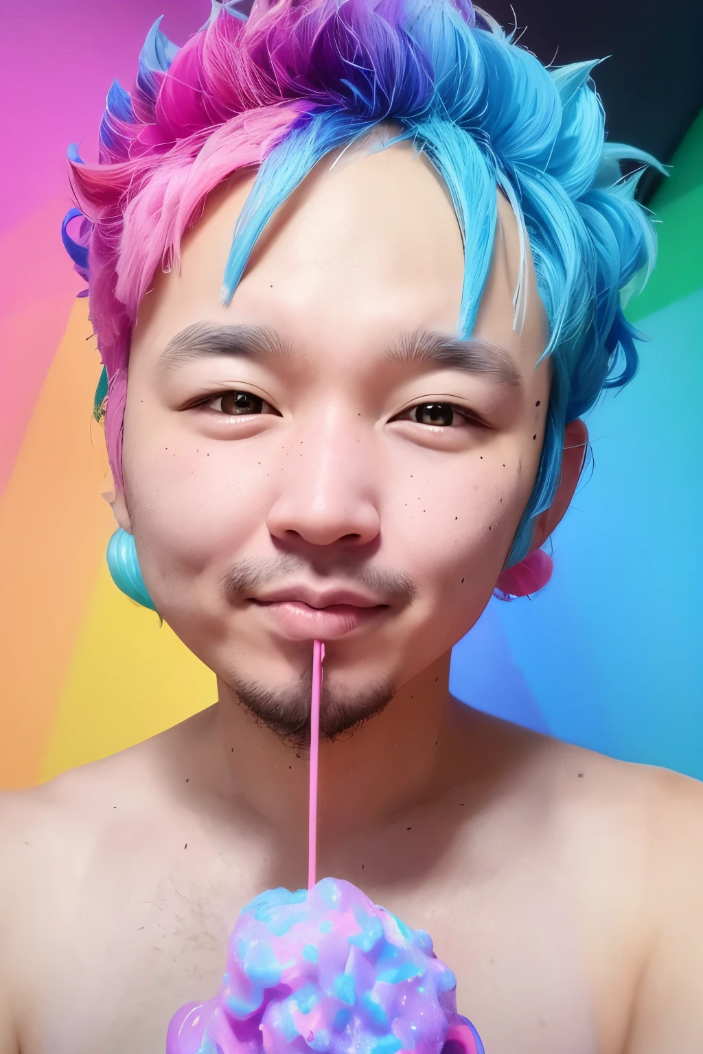 beautiful cute naughty boy, very detailed, cotton candy curls, candy freckles, bright makeup, holographic transparent candy dress, close-up portrait, very detailedイラスト, candyland character design, Surrounded by swirls of ice cream and cream butter, pale pastel colors, bubblegum bubbles, gradient background. candy boy,Globally trending artwork