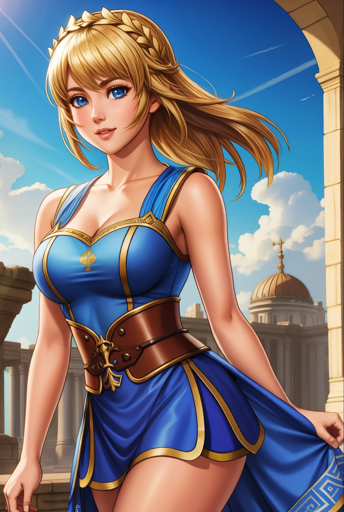 sophitia,blondy hair,bangs,low braid,aqua eyes,
armor,cleavage,dress,skirt,leaning forward,smile,
standing,upper body,
(insanely detailed, beautiful detailed face,beautiful detailed eyes, masterpiece, best quality),
pillars,morning,lake,<lora:sophitia:0.8>,
