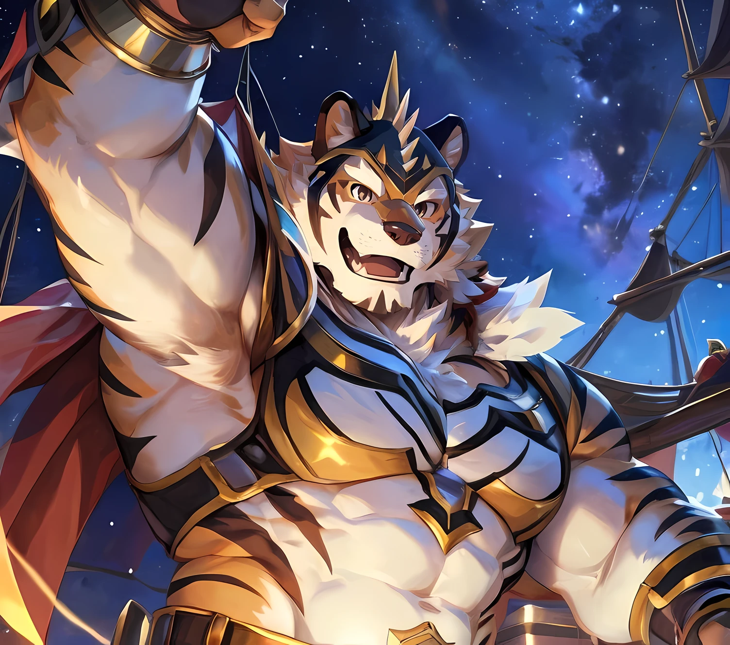 masterpiece,high quality,anime,detailed eyes,furry male White Tiger, Ryekie, Great physique,strong arms manly, flying ship, looking at the sky ceiling, Heroes suit, (Night), Shimmering Stars, Joyful, by null-ghost,by pino daeni