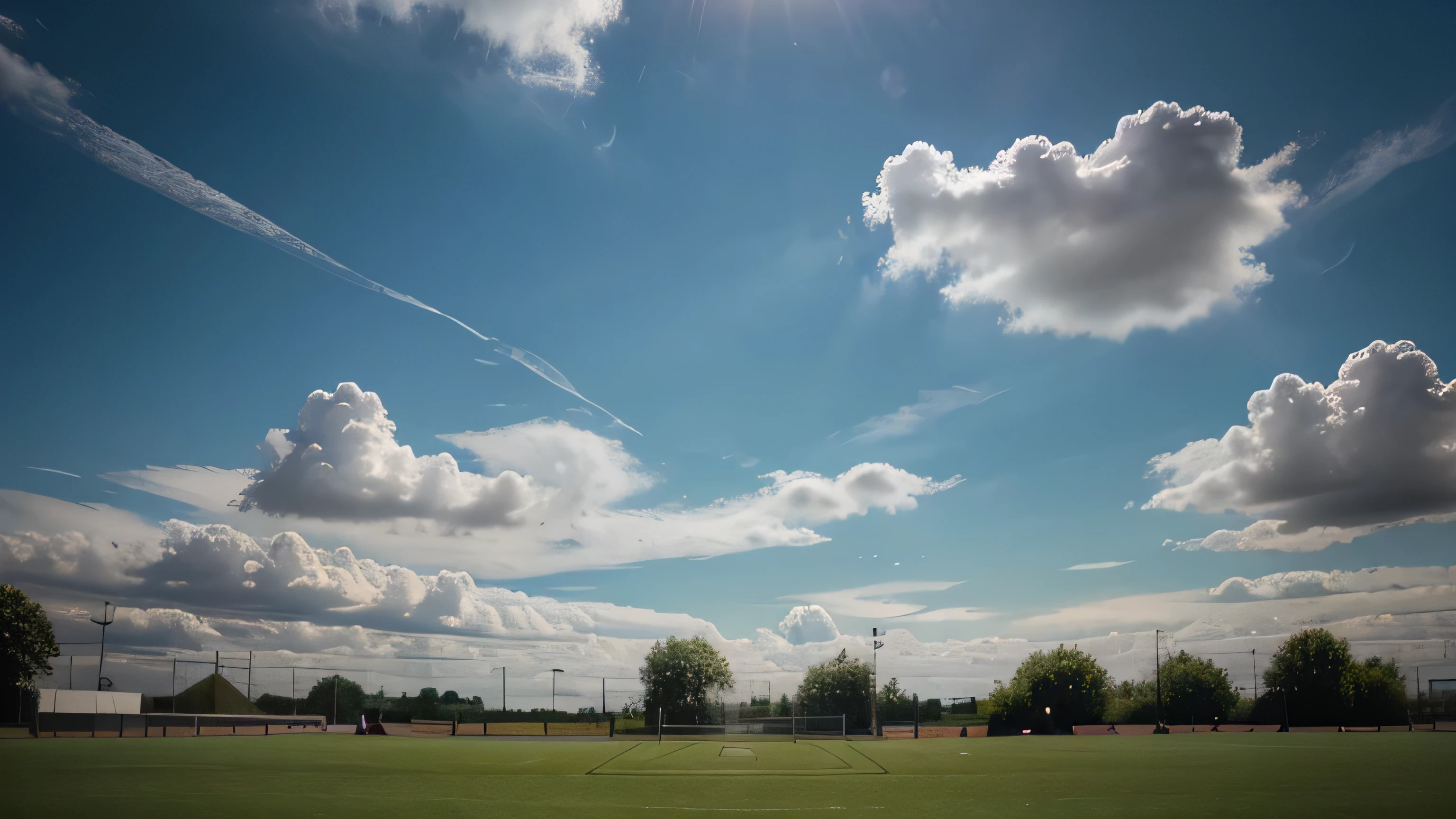 photography of a beautiful summer day, close to noon, atmospheric view over a soccer field without players, fluffy clouds in the sky, beautiful artistic nature in the background
