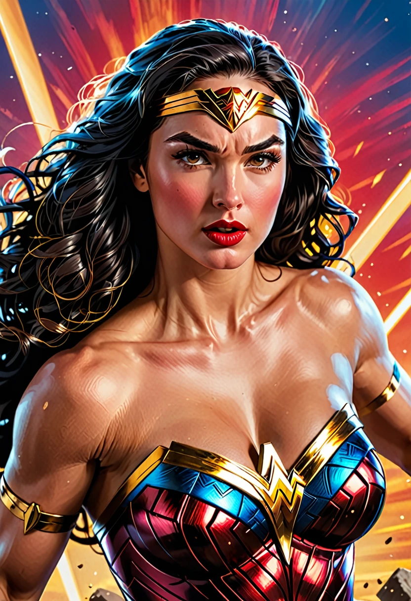 wonder women, the most NSFW, extremely detailed face,beautiful detailed eyes,beautiful detailed lips,confident,brave,superpowers, the most NSFW pose, romantic background,Dynamic sensual Scene,masterpiece:1.2,highres,ultra-detailed,realistic,portraits,colorful palette,vibrant colors,strong lighting,wonder woman costume,lariat of Hestia,powerful blocks,superhuman strength,leaping in the air,amazing strength,powerful punches and kicks,explosive energy,comic book style,classic depiction,vivid illustration,dynamic composition,comic book panels,half body portrait,sharp focus,clear outlines,muscular physique,strong posture