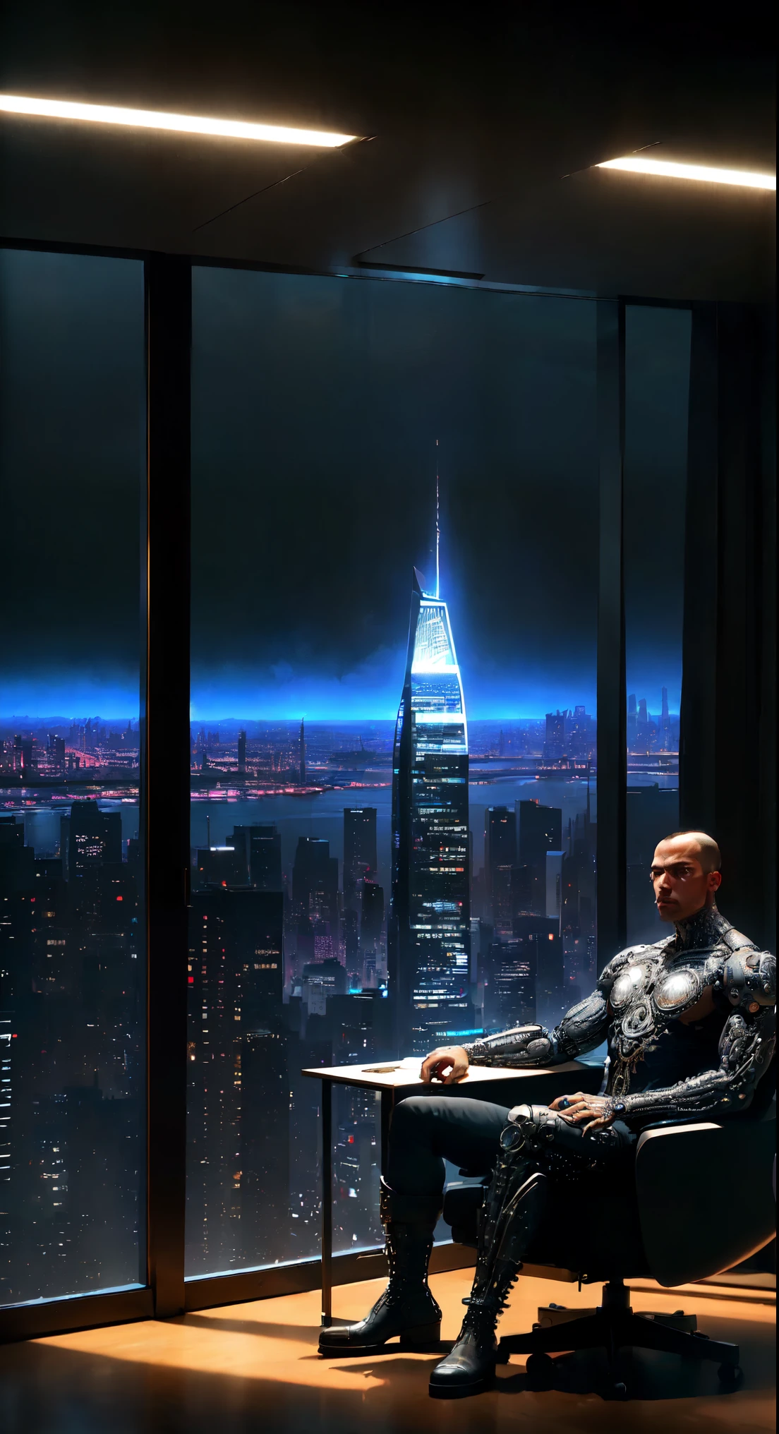 a skyscraper office in the big city, the cyborg man sits in a luxurious chair, heavy man boots, high quality, absurdres, masterpiece, beautiful, intricate details, 1/2 body crop, slim body, beautiful figure, magnificent anatomy, (intricate details:1.12), HDR, (intricate details, hyper-detailing:1.15), (natural skin textures, hyper realisitc, soft light, Sharp:1.2)