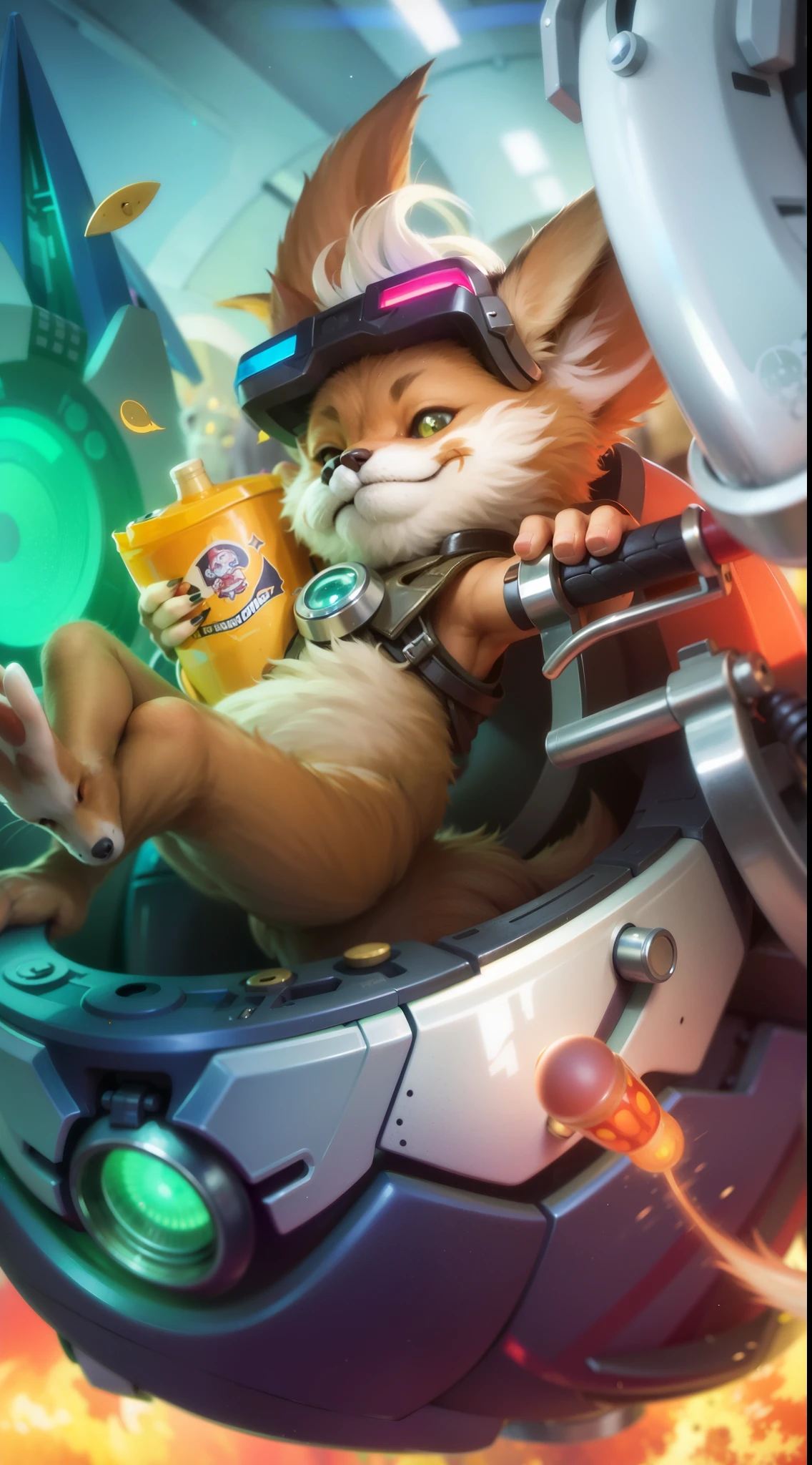 a close up of a Fox in a helmet riding a motorcycle, teemo, splash art, league of legends splashart, teemo from league of legends, league of legends splash art, furry fantasy art, furry paw pov art, cat summons a spaceship, inspired by Jules Chéret, a portrait of junkrat, anthro paw pov art, holding snacks in hand