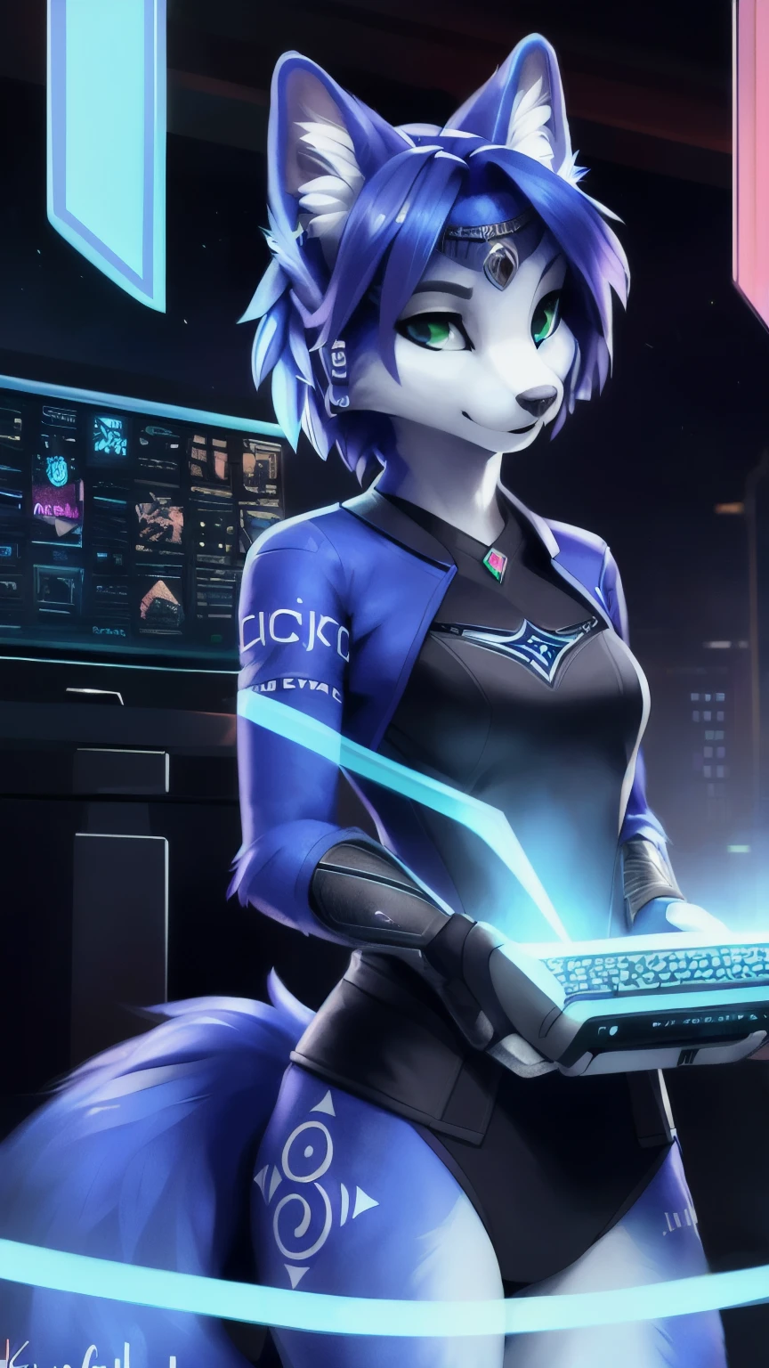 A beautiful and detailed (sweet portrait) von ((Krystal)), Sternenfuchs Krystal, Schlank, liebenswert, Green eyes, Small breasts, Raumanzug, Tippen auf einem holographischen Computer, Dekollete, Grinsen, hoch schauen,, Anthro, Pelzig, holografischer Bildschirm, Science-Fiction, cyberpunk, Hochgeladen E621, detailed flauschige fur, (von Fluff-Kevlar, Bayard Wu, personalami, Pino Daeni), detailliertes Gesicht, (flauschige), 1girl, Allein, kein Wasserzeichen