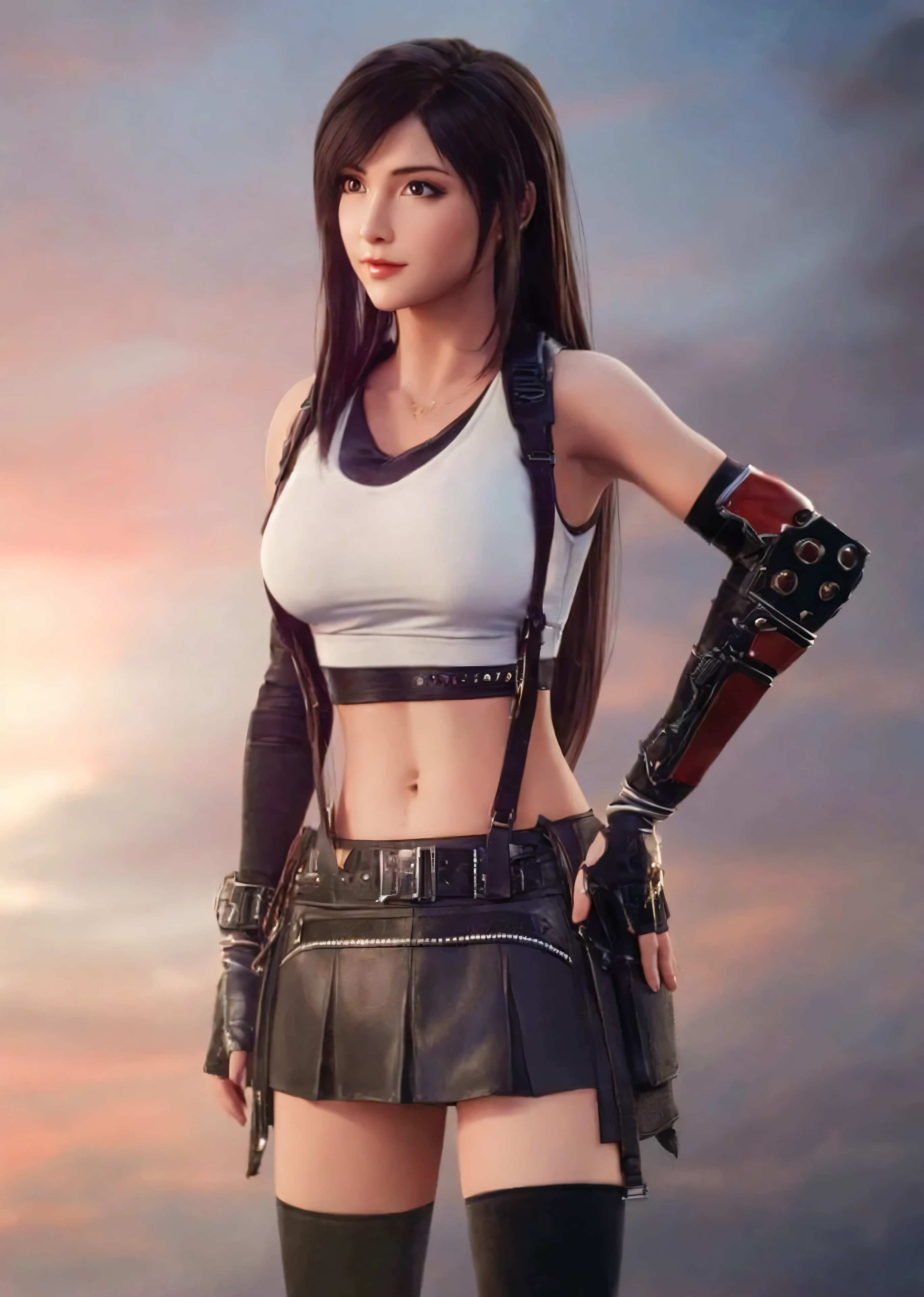 a close up of a woman in a short skirt and a top, tifa lockhart, tifa, tifa lockheart, tifa lockhart portrait, seductive tifa lockhart portrait, portrait of tifa lockhart, glamorous tifa lockheart, from final fantasy vii, final fantasy character, from final fantasy, tifa lockhart with white hair
