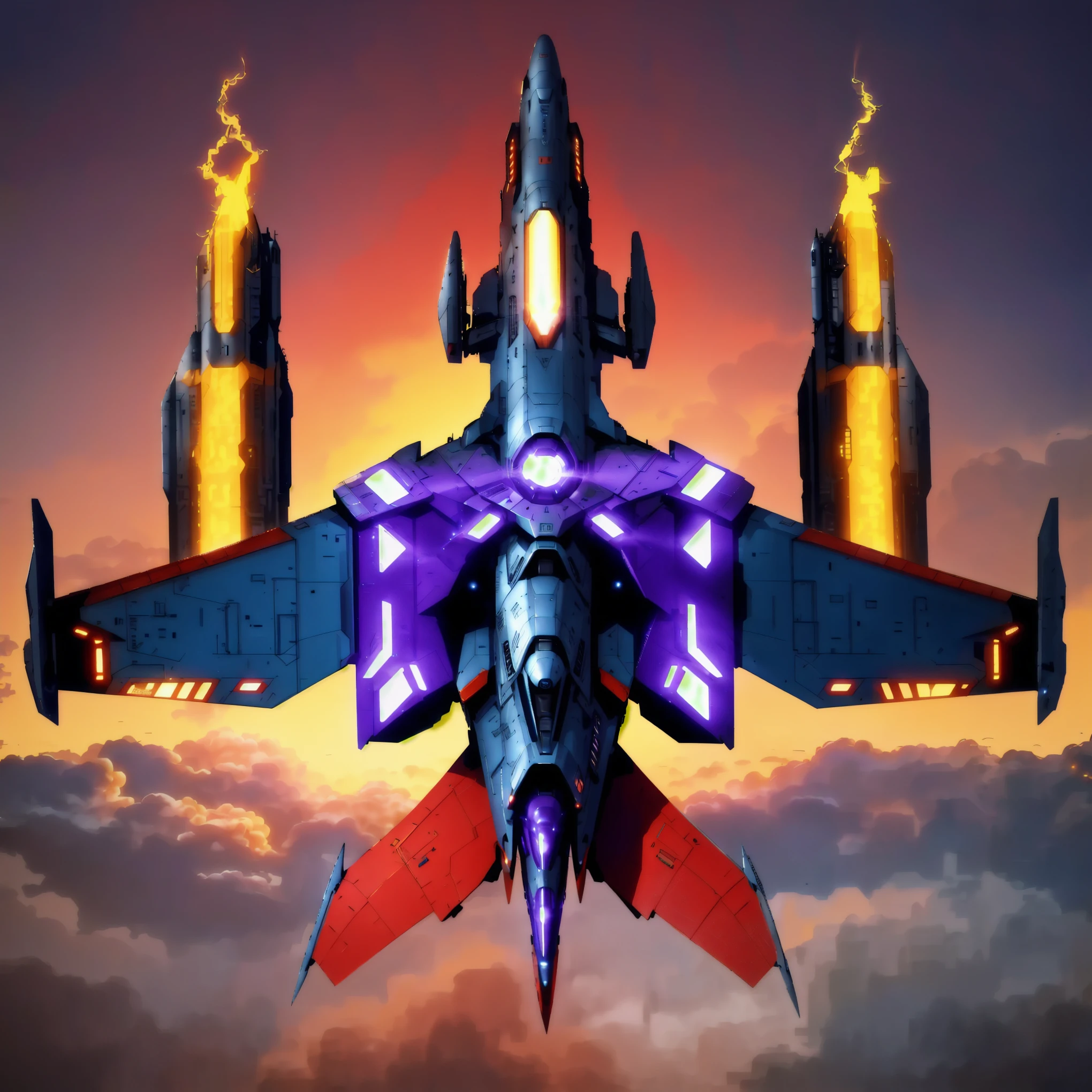 a close up of a drawing of a spaceship, spaceship design, earth in background, fantasy setting, Starship, starfighter, hovering in outer space, wings are shaped like blue angels aircraft, red stabilizers, auxiliary rocket weapons on the side of the nose, cockpit glistens, underneath the wings are lightning guns charged with energy, cinematic, star wars, blade runner, ridley scott, steven spielberg, george lucas, movie still, epic movie scene, depth of field, sunset, fog, city, San Francisco