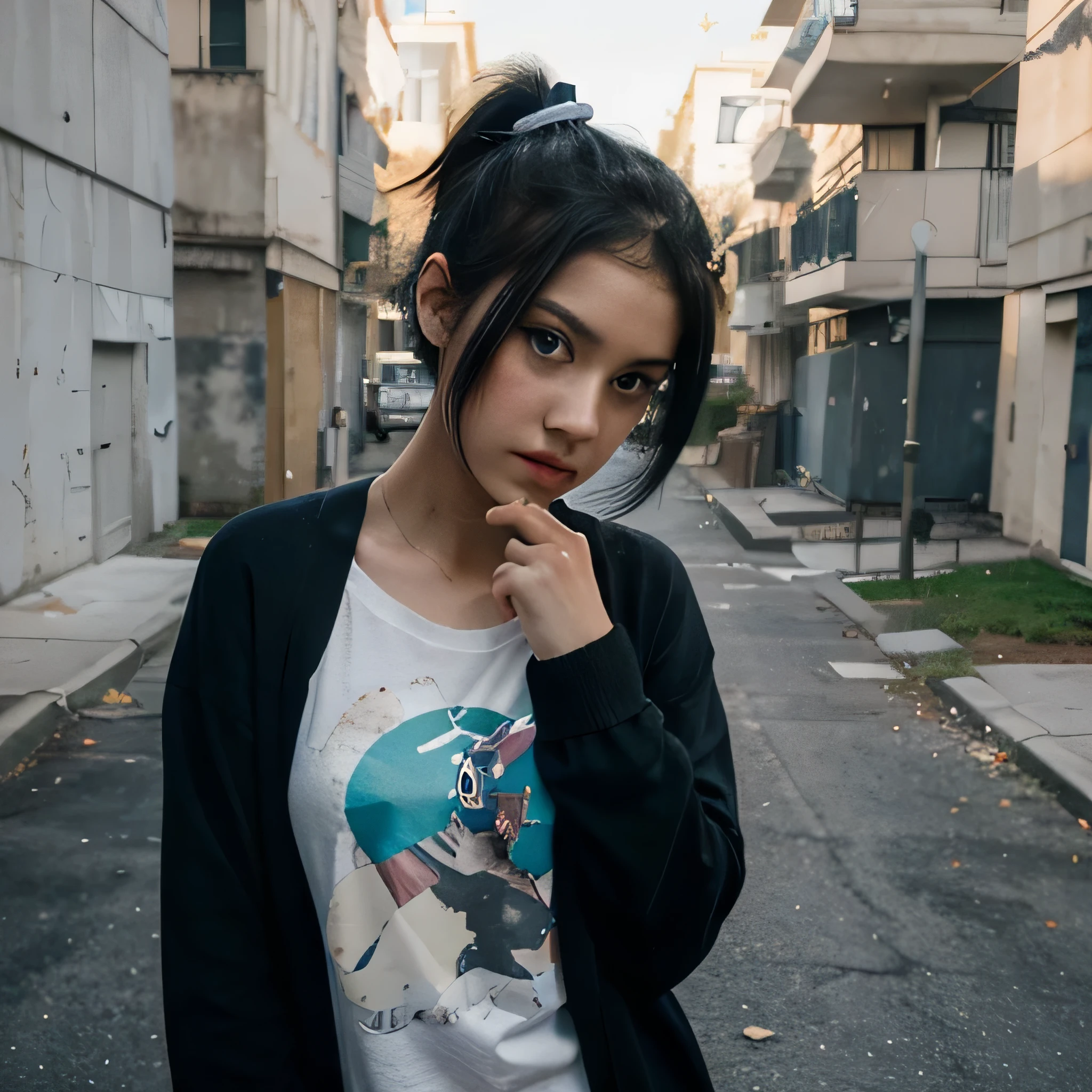 1girl, solo, masterpiece, best_quality, photoshoot, looking at camera, young adult gardevoir, tired expression, pokemon, pokemon (game), game freak, nintendo, (porcelain skin), blue eyes, (black hair), (messy hair in ponytail), black cardigan, baggy tshirt, black sweatpants, gen 3 pokemon, pokemon (creature), white skin, concrete background, leaning wearing Hijab