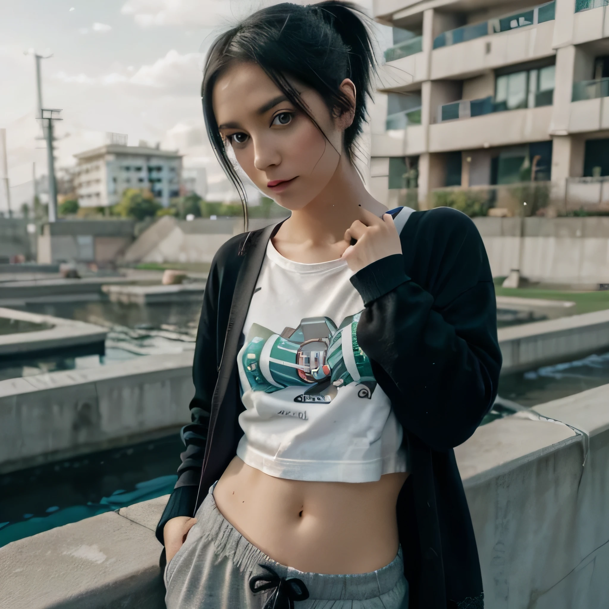 1girl, solo, masterpiece, best_quality, photoshoot, looking at camera, young adult gardevoir, tired expression, pokemon, pokemon (game), game freak, nintendo, (porcelain skin), blue eyes, (black hair), (messy hair in ponytail), black cardigan, baggy tshirt, black sweatpants, gen 3 pokemon, pokemon (creature), white skin, concrete background, leaning wearing Hijab