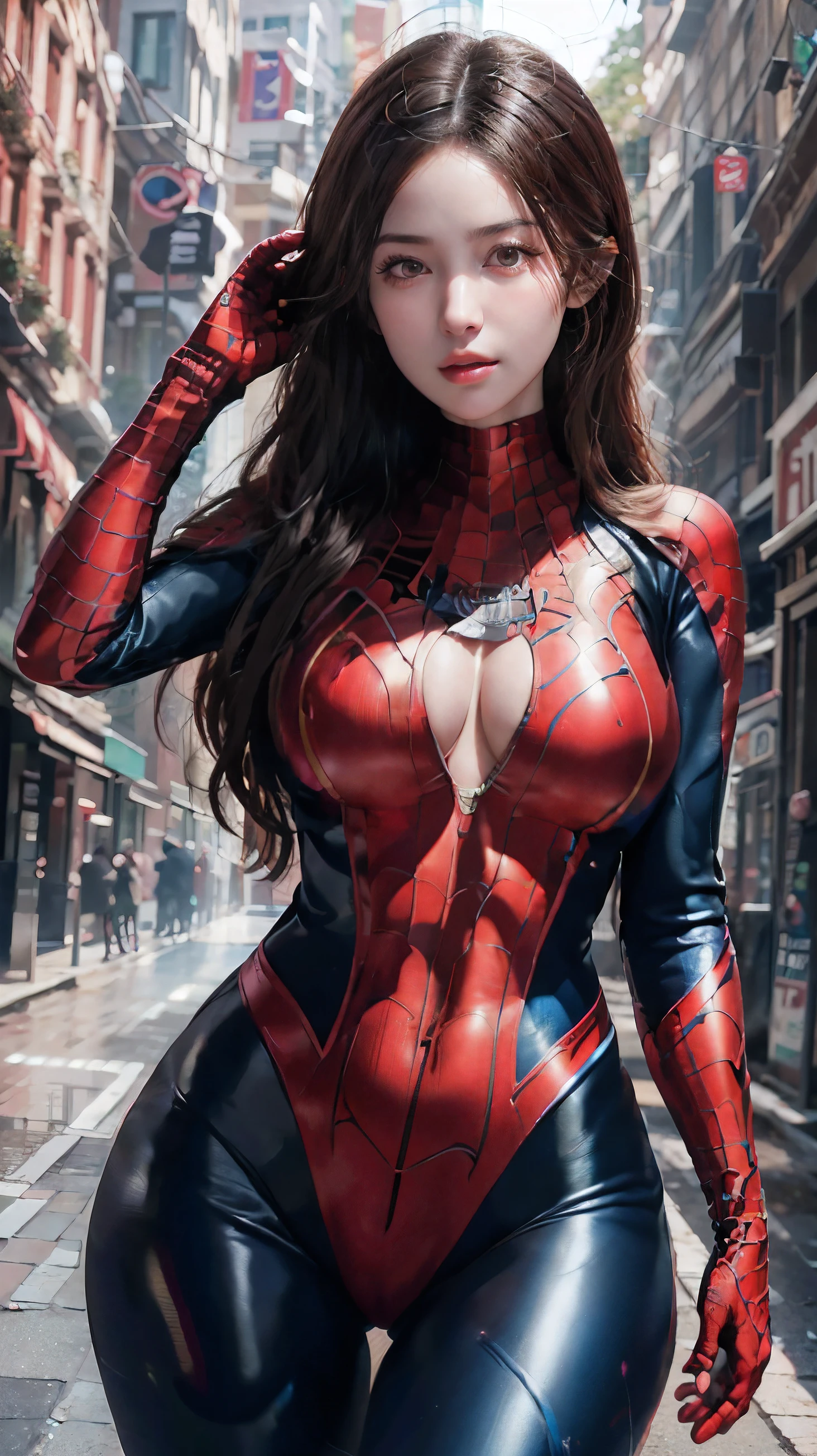 (A hyper-realistic illustration of) a big-breasted age girl dressed in a Spiderman costume, featuring thick Asian features, (highly detailed) textures and shading, (best pixels) capturing every curve and contour, (8K ultra-high definition) for a stunningly clear and vibrant image, (ultra-realistic realism) showcasing every minute detail, (professional lighting) enhancing the bold colors and textures of the Spiderman suit, (Beautifully detailed eyes) expressing a playful and mischievous gaze, (top-quality artwork) with an intricate webbed pattern on the girl's face mask