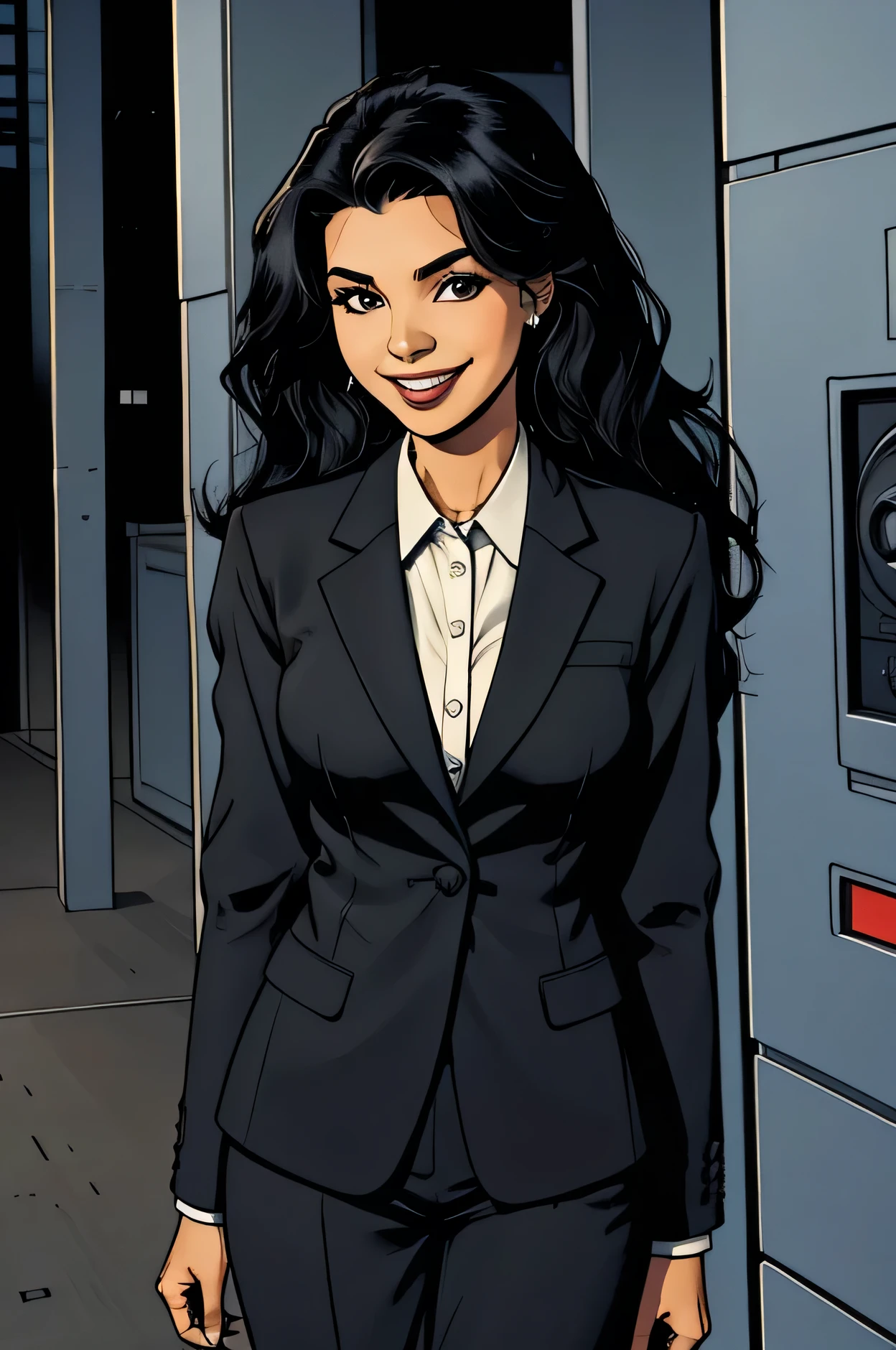 corporate latino woman, wearing suit, long black hair, smiling, 25 years old.