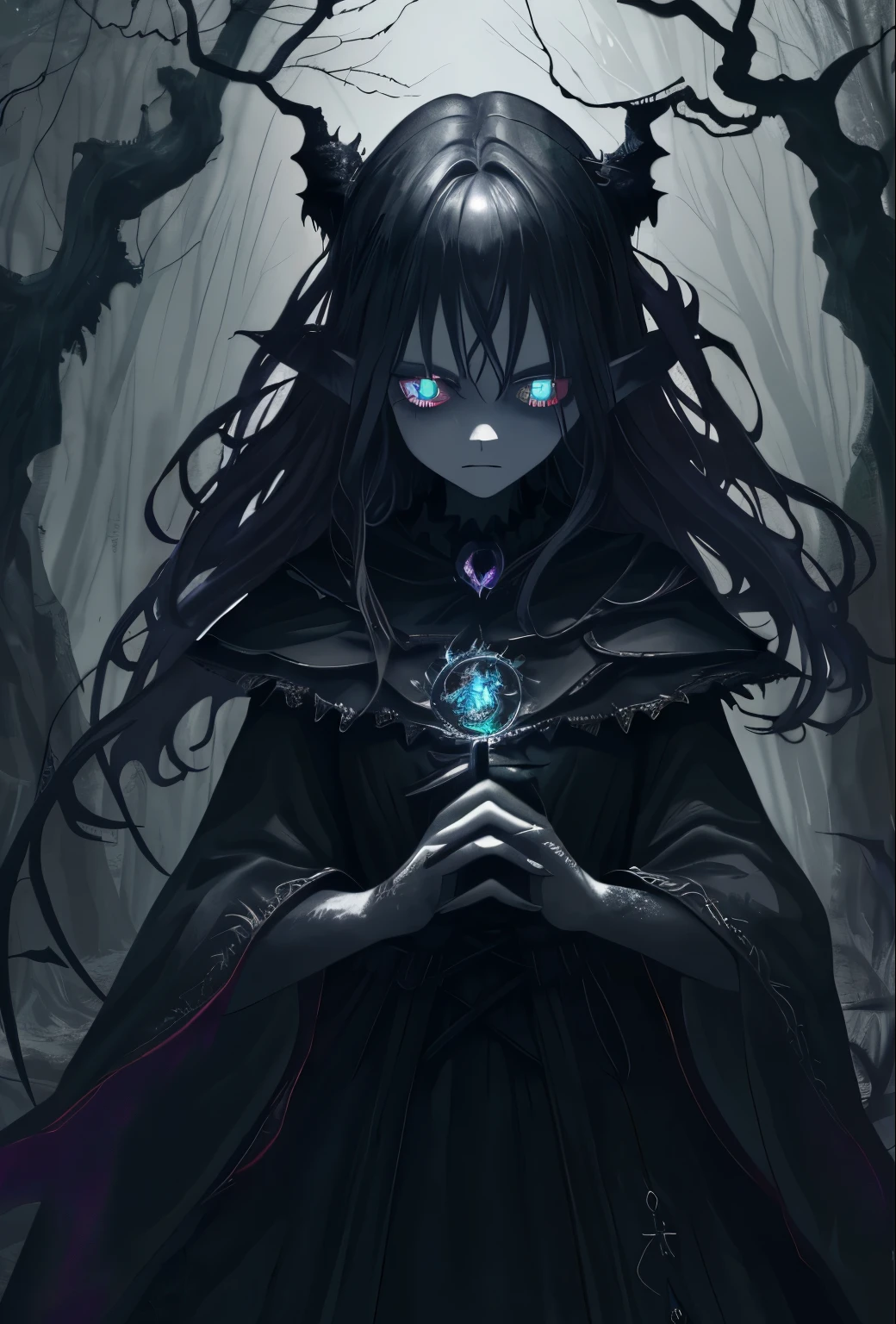 a dark witch casting a spell,dark and mysterious forest,haunting atmosphere,(best quality,4k,highres,masterpiece:1.2),(detailed:1.1),ethereal beauty,flowing black robes,wisps of smoke,mystical symbols,ominous moonlight,glowing eyes,intense gaze,spider web patterns,crackling energy,enchanted forest,haunted trees,moody lighting,deep shadows,glimpses of magic,intricate spellbook,ancient potion bottles,dim candlelight,otherworldly presence,apocalyptic backdrop,sinister whispers,vibrant and rich colors,wisps of dark magic,trickling red liquid,curious familiars,crescent moon illuminating the scene,charming chaos,mystical power,gothic allure,ominous and enigmatic.