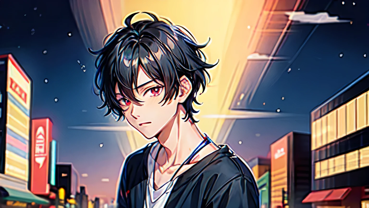 1 boy,black hair, (sketch:1.2), anime key visual, midnight, f/8, city pop